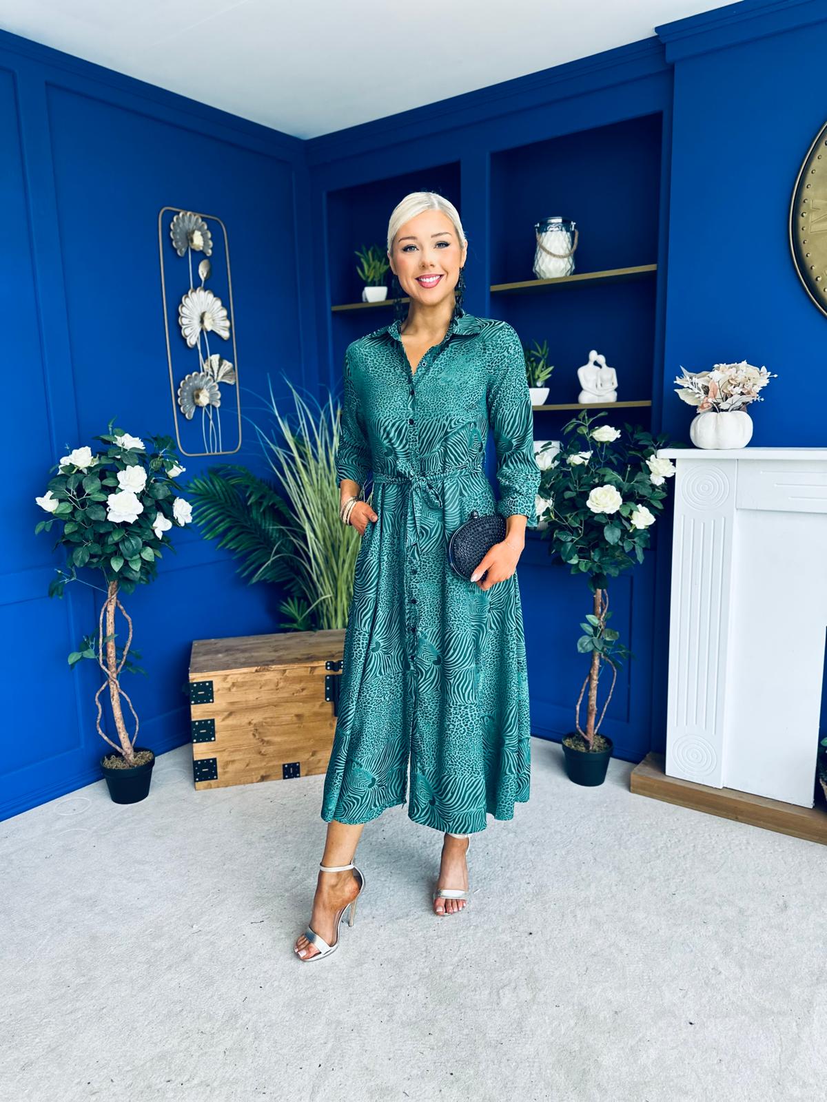 Angela Long Sleeve Maxi Shirt Dress Animal Green