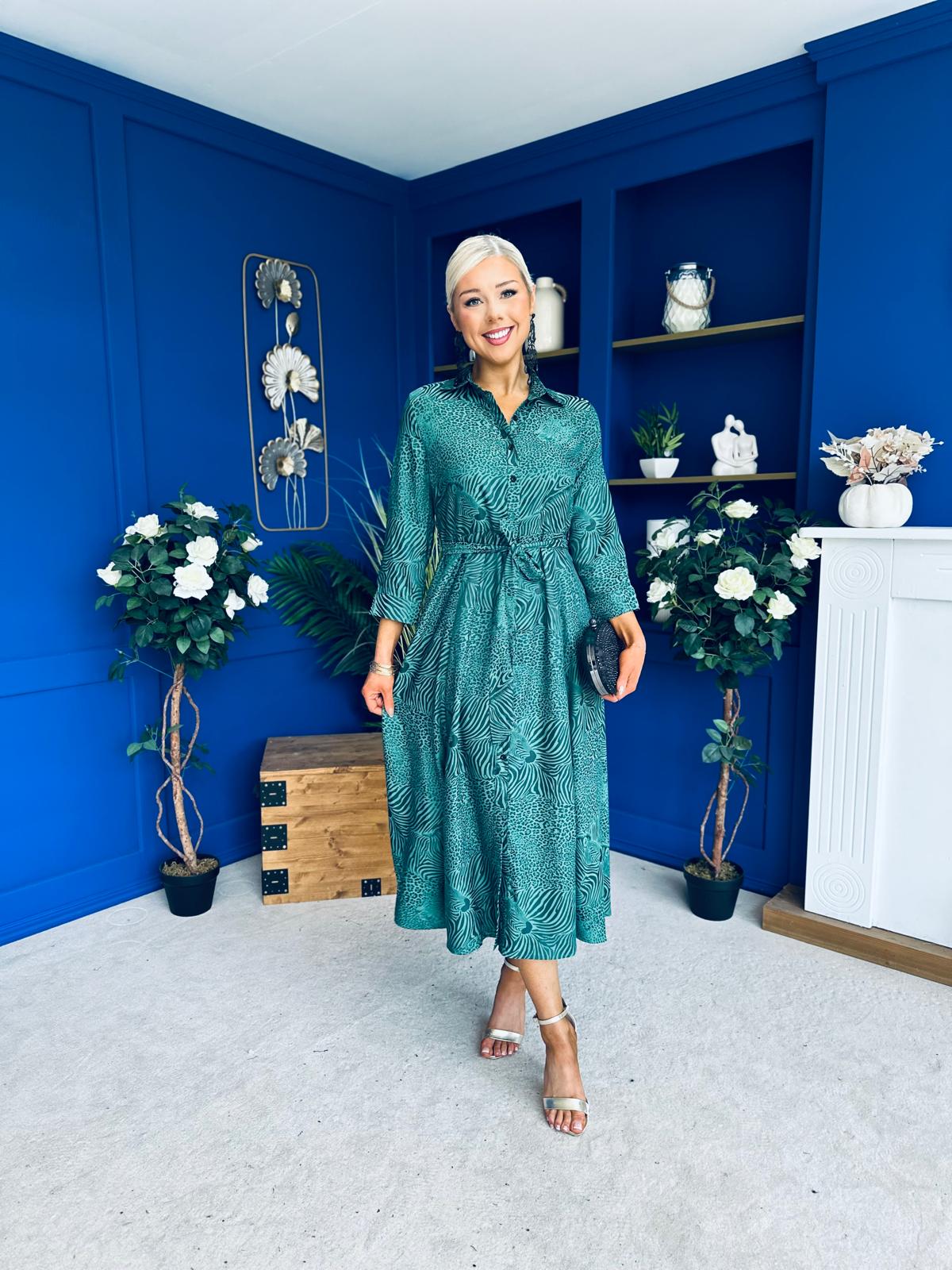 Angela Long Sleeve Maxi Shirt Dress Animal Green