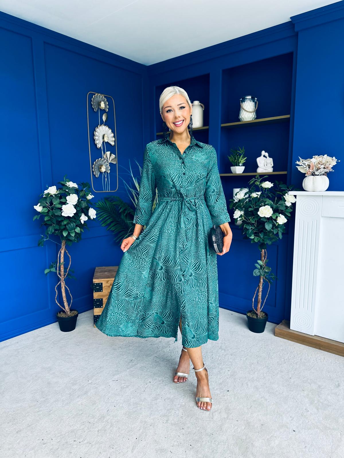 Angela Long Sleeve Maxi Shirt Dress Animal Green