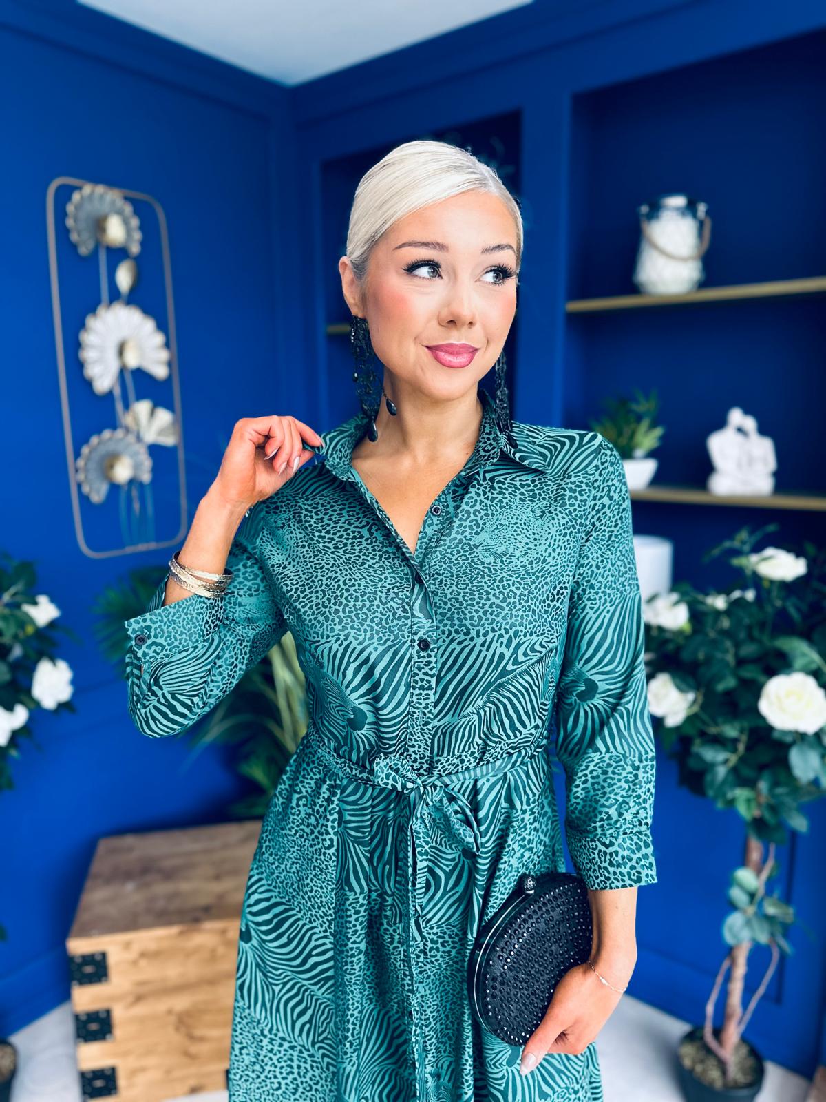 Angela Long Sleeve Maxi Shirt Dress Animal Green