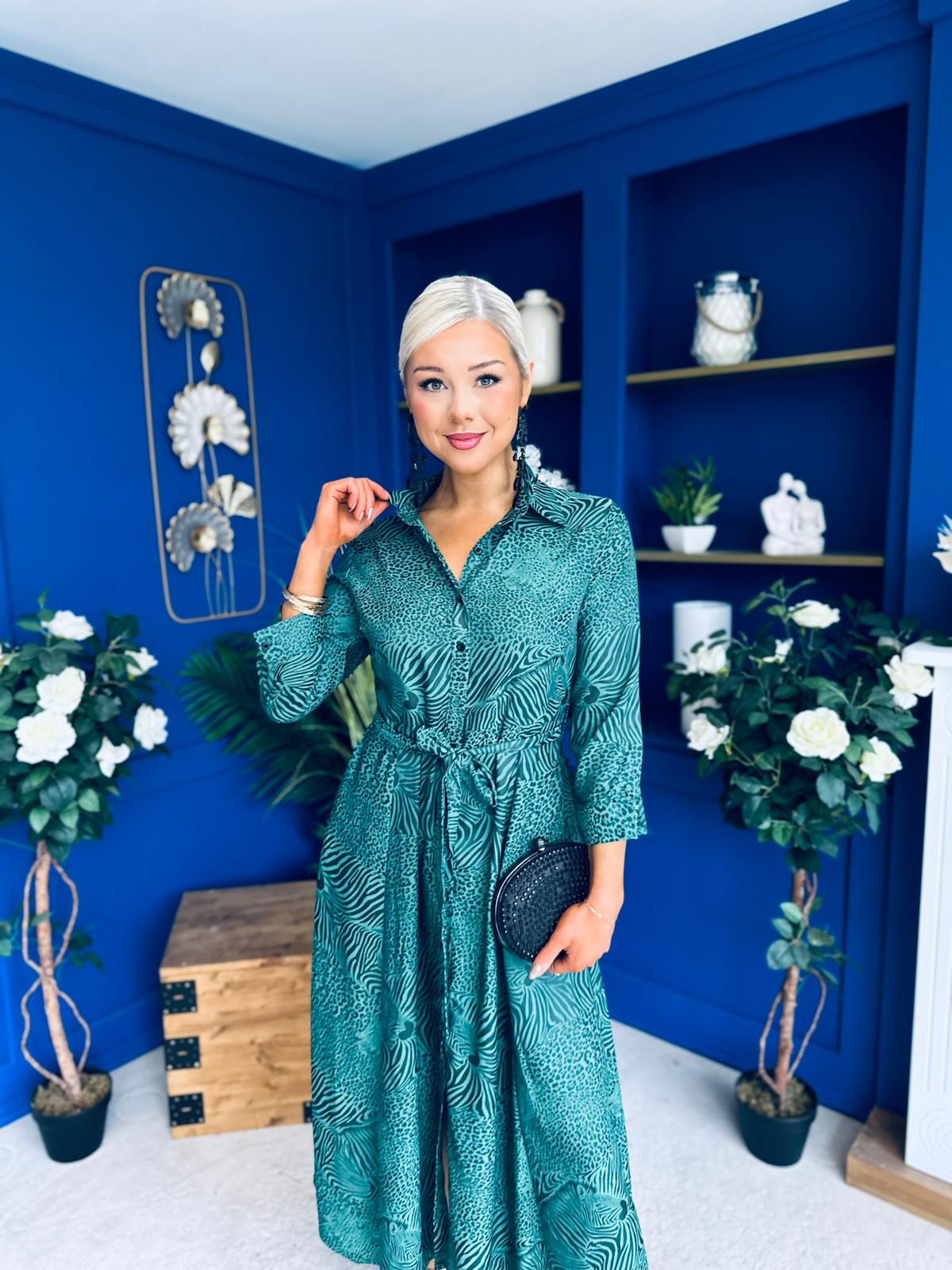 Angela Long Sleeve Maxi Shirt Dress Animal Green