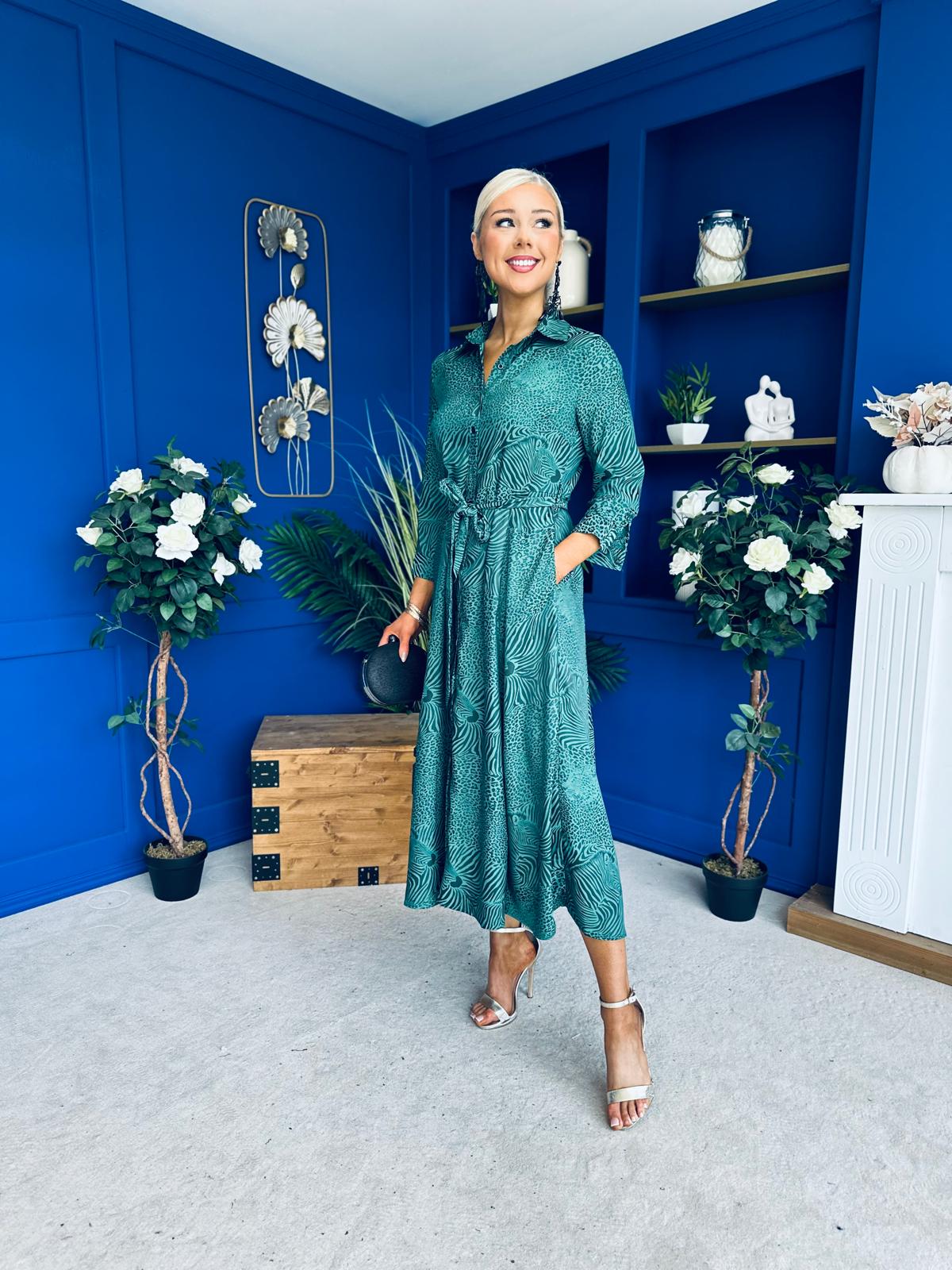 Angela Long Sleeve Maxi Shirt Dress Animal Green