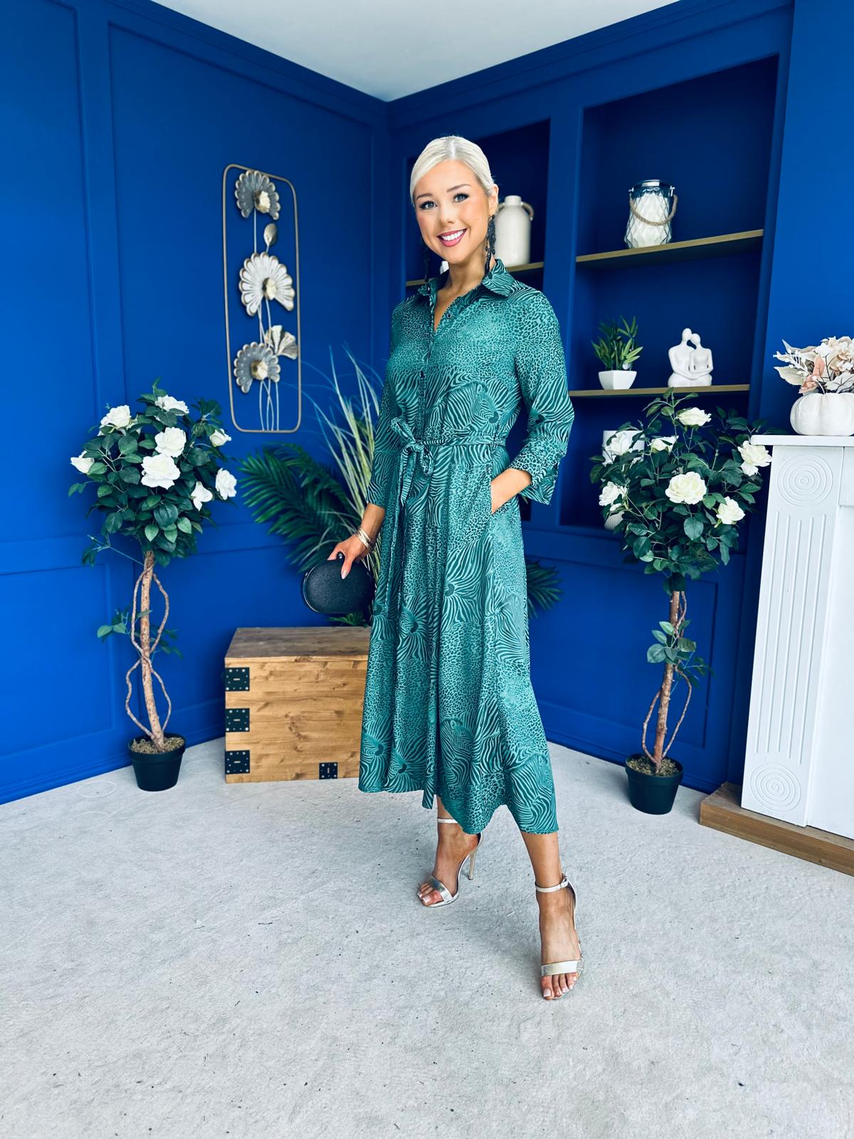 Angela Long Sleeve Maxi Shirt Dress Animal Green