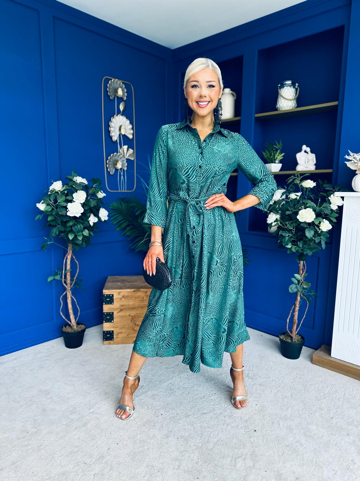 Angela Long Sleeve Maxi Shirt Dress Animal Green