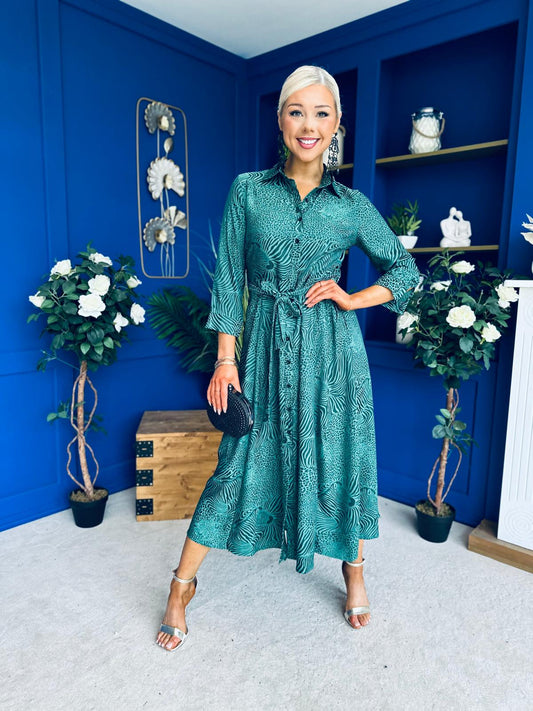Angela Long Sleeve Maxi Shirt Dress Animal Green