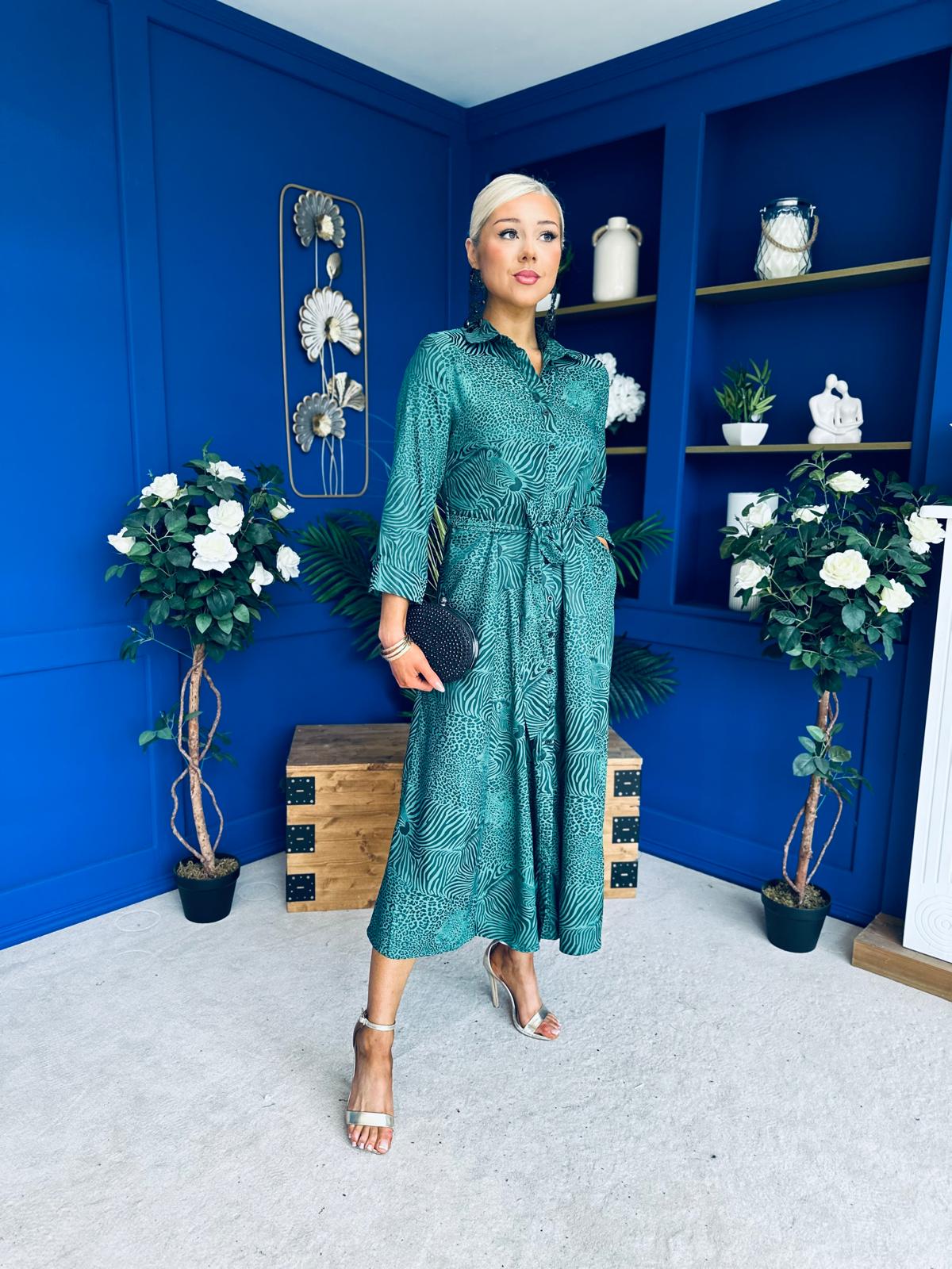 Angela Long Sleeve Maxi Shirt Dress Animal Green