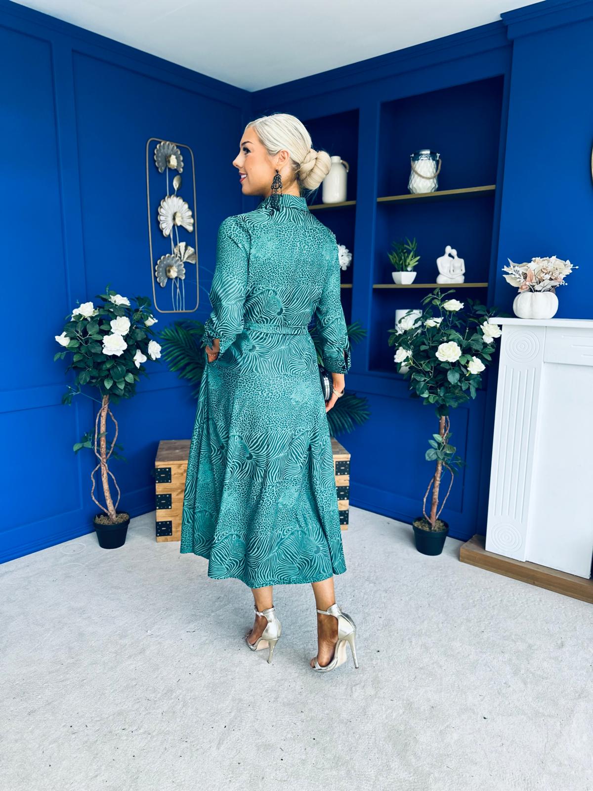 Angela Long Sleeve Maxi Shirt Dress Animal Green