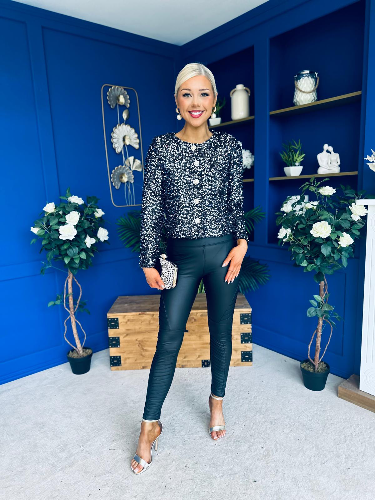 Jessica Button Detail Sequin Jacket Silver