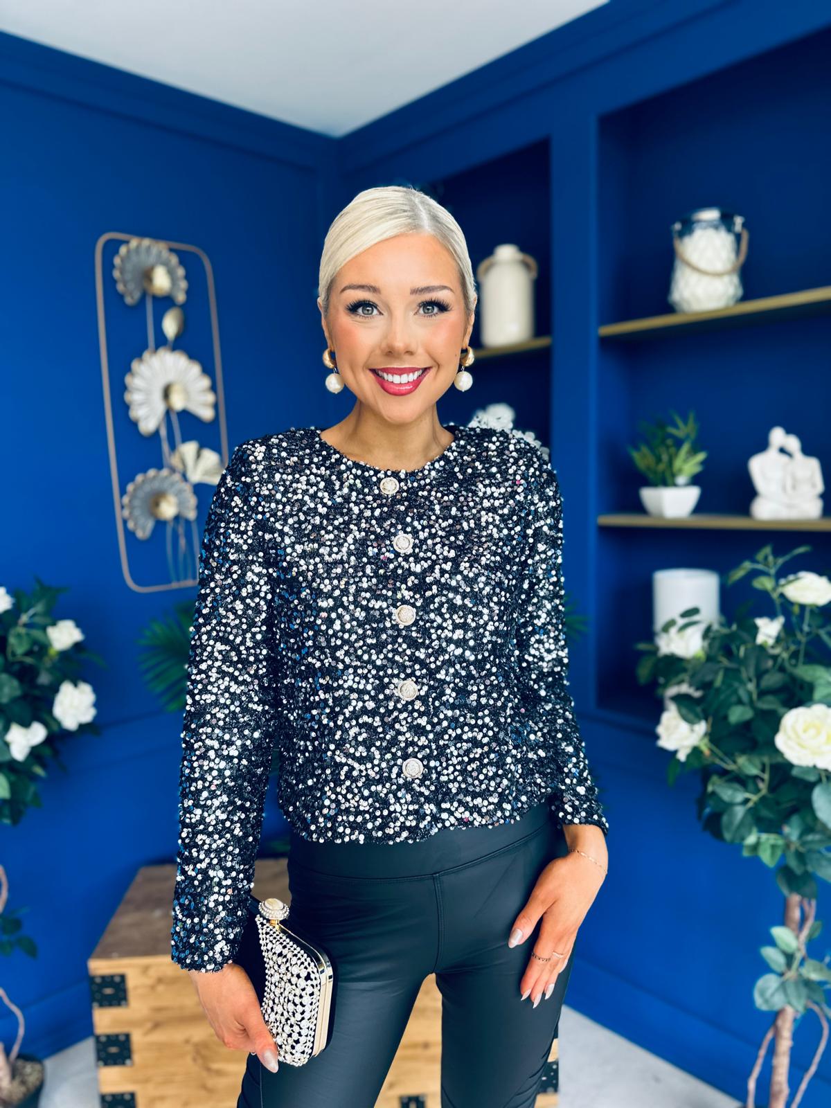 Jessica Button Detail Sequin Jacket Silver