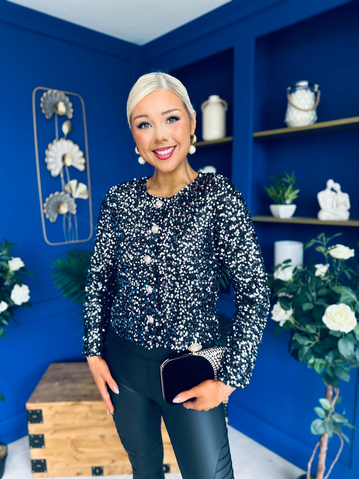 Jessica Button Detail Sequin Jacket Silver