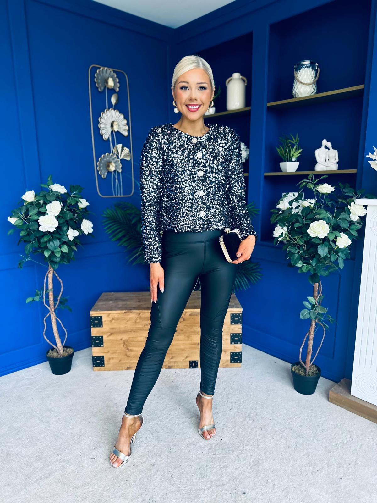 Jessica Button Detail Sequin Jacket Silver