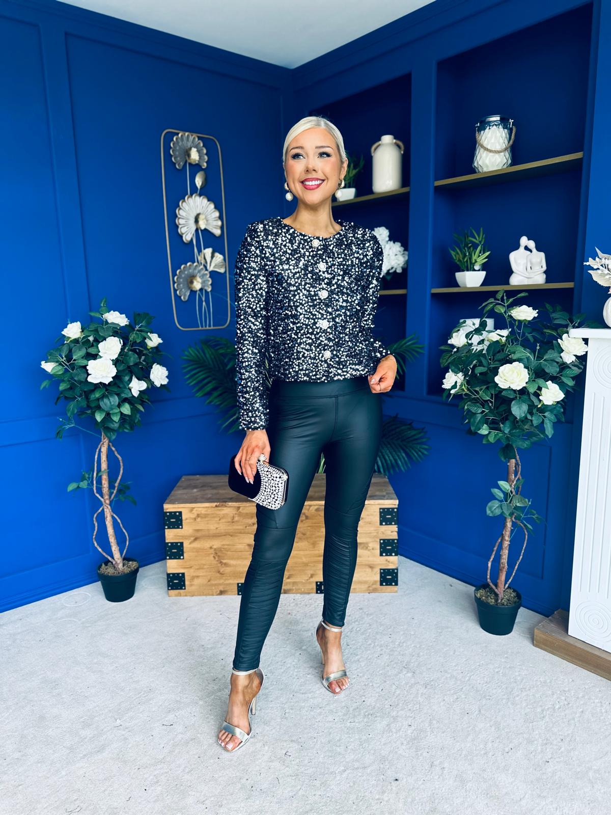 Jessica Button Detail Sequin Jacket Silver