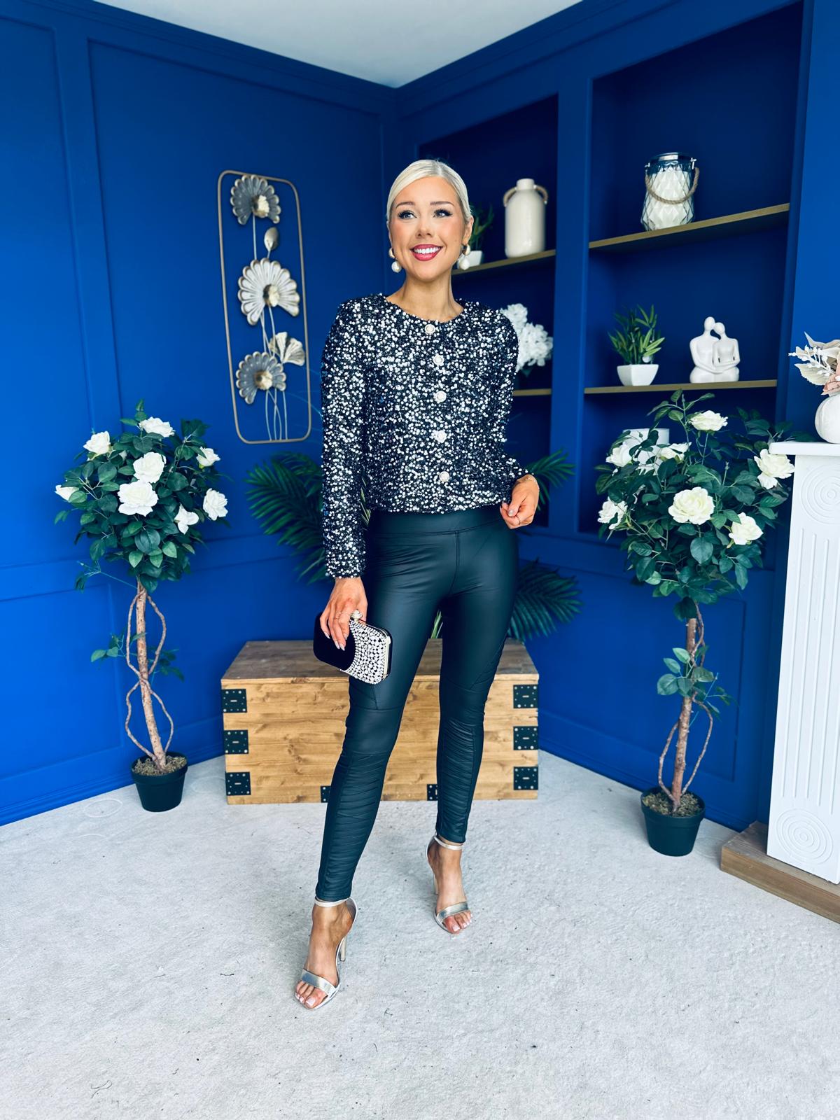 Jessica Button Detail Sequin Jacket Silver