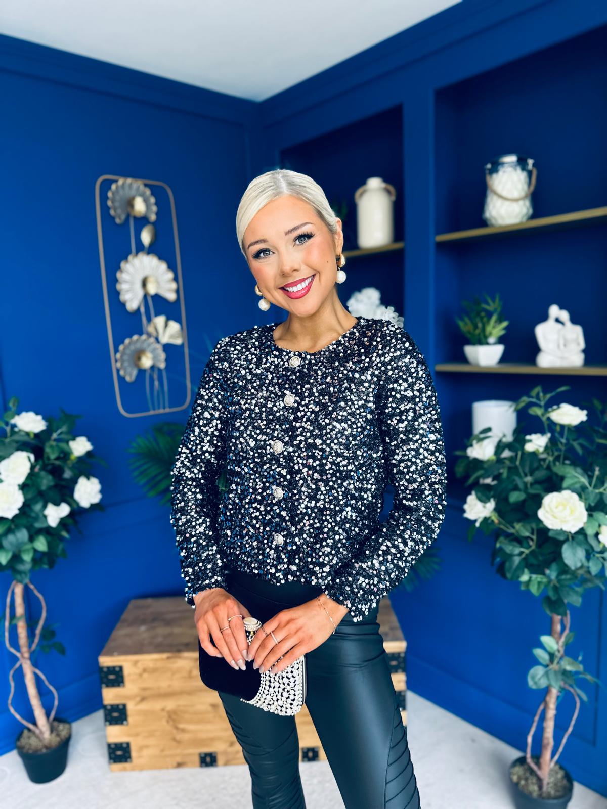 Jessica Button Detail Sequin Jacket Silver