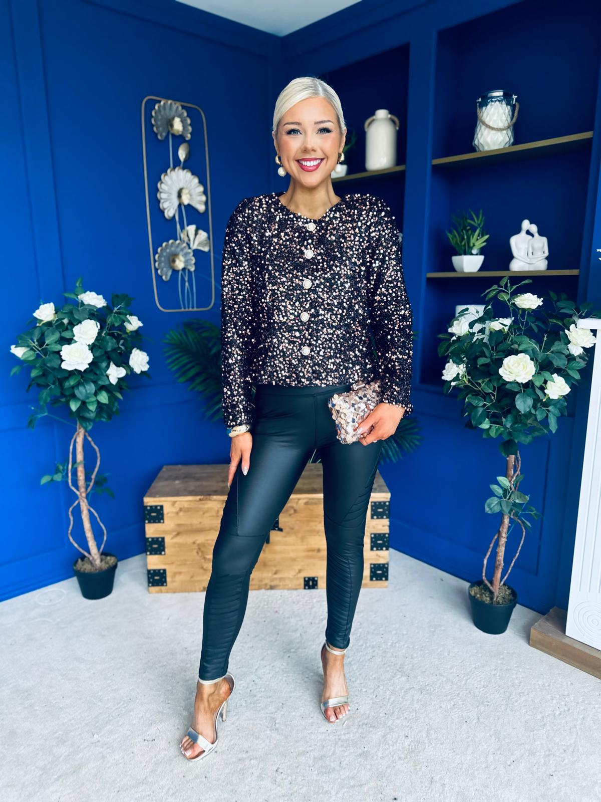 Jessica Button Detail Sequin Jacket  Rose Gold