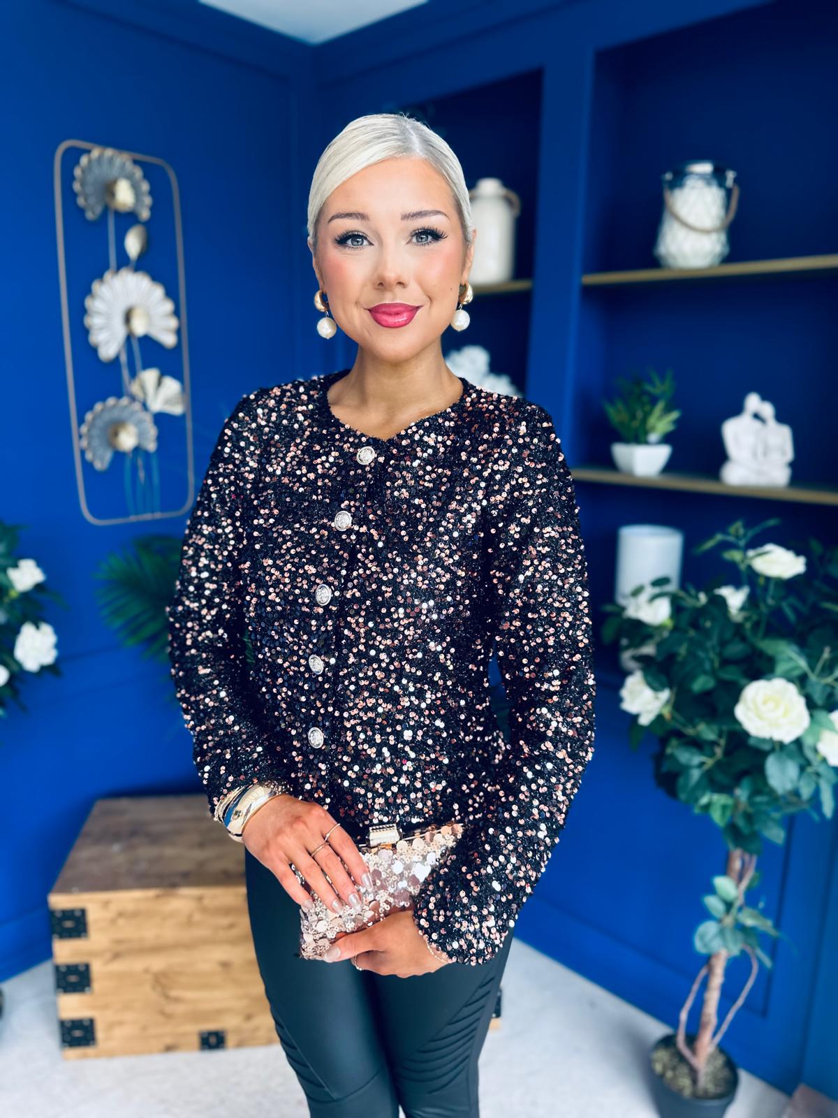 Jessica Button Detail Sequin Jacket  Rose Gold