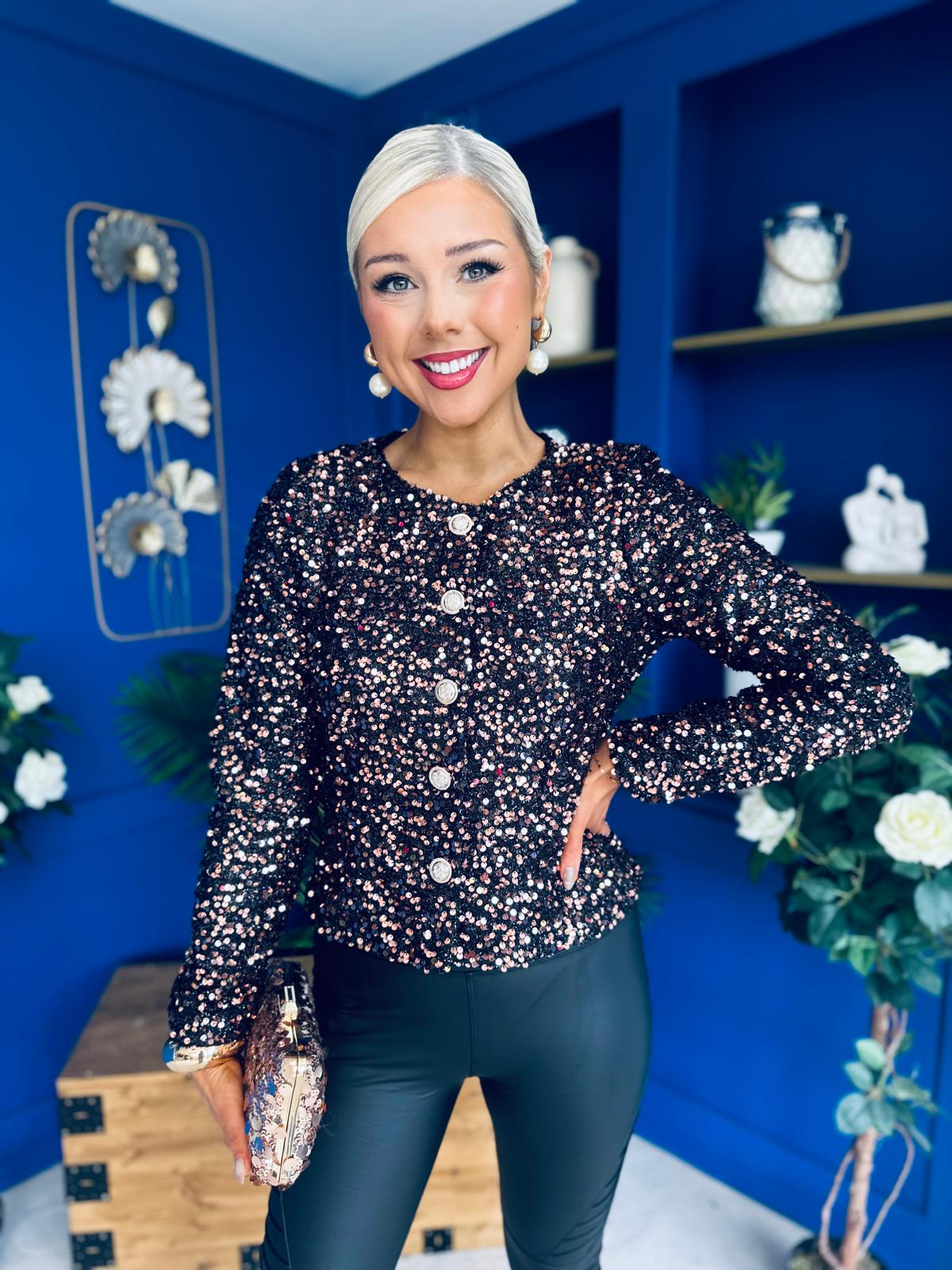 Jessica Button Detail Sequin Jacket  Rose Gold