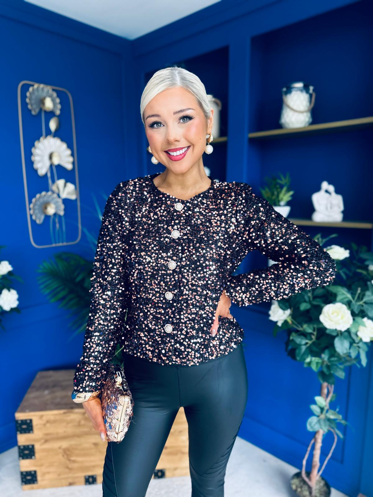 Jessica Button Detail Sequin Jacket  Rose Gold