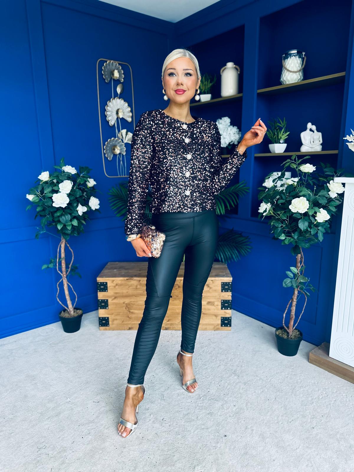 Jessica Button Detail Sequin Jacket  Rose Gold