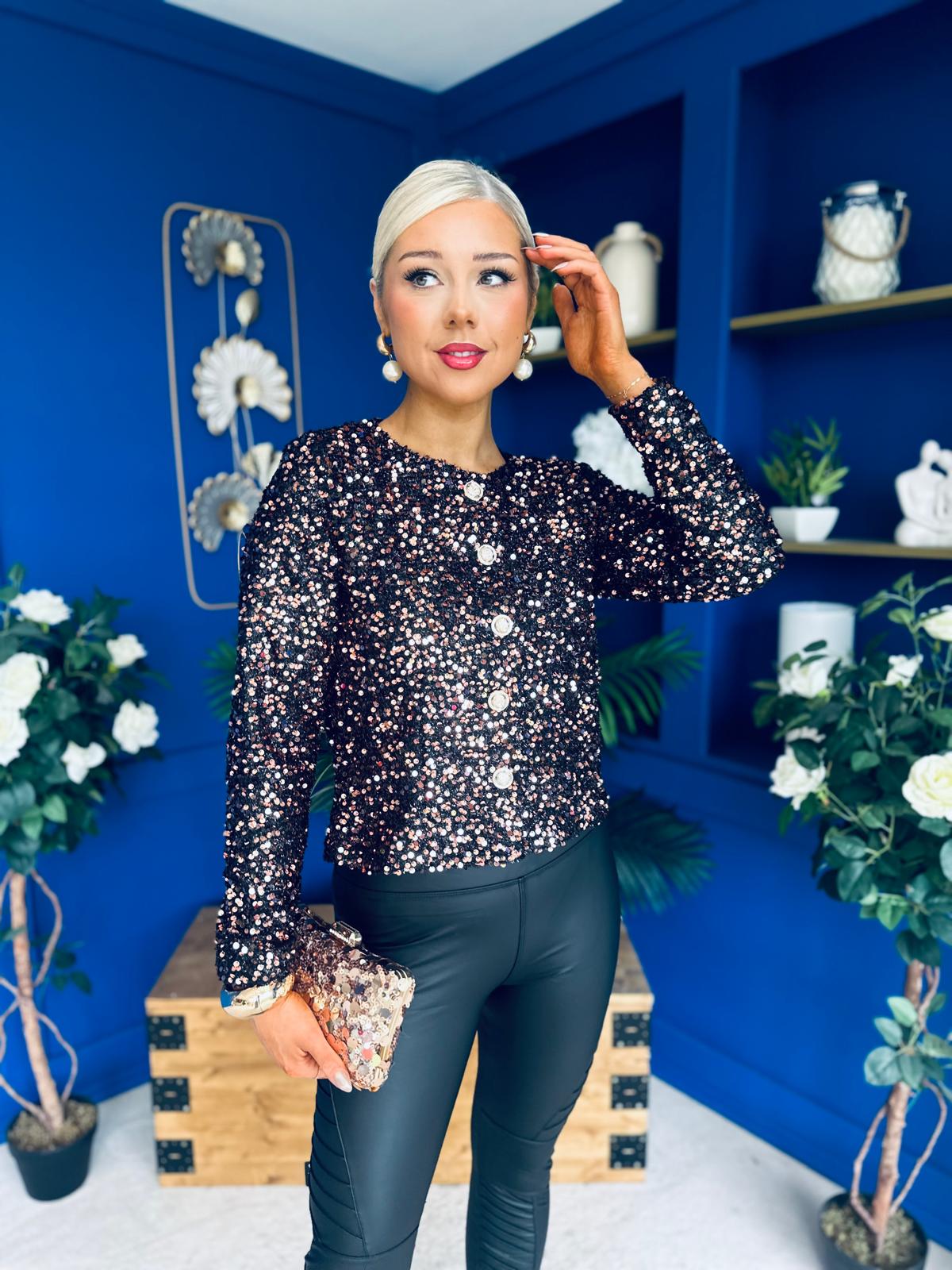 Jessica Button Detail Sequin Jacket  Rose Gold