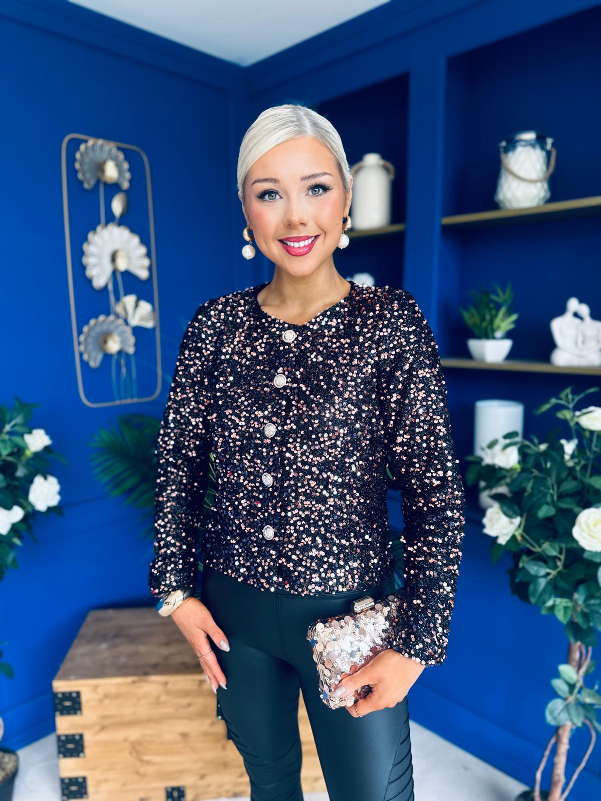 Jessica Button Detail Sequin Jacket  Rose Gold