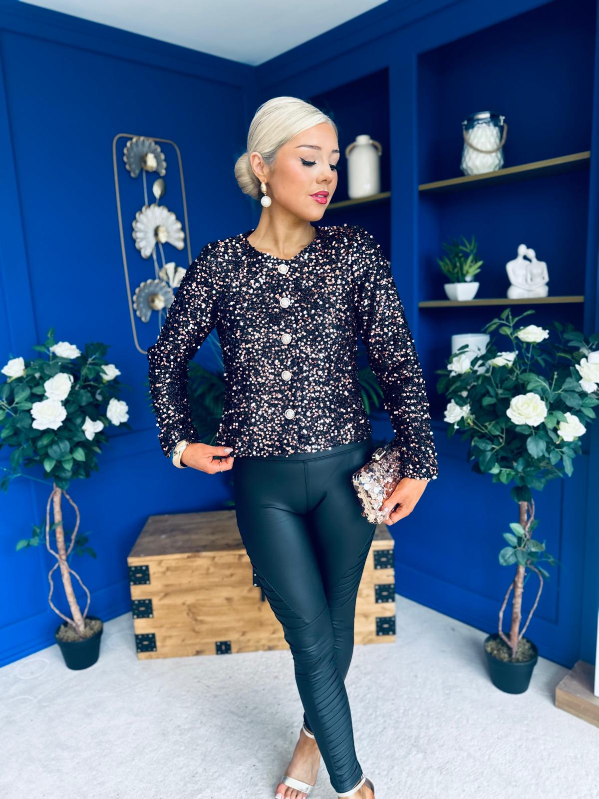 Jessica Button Detail Sequin Jacket  Rose Gold