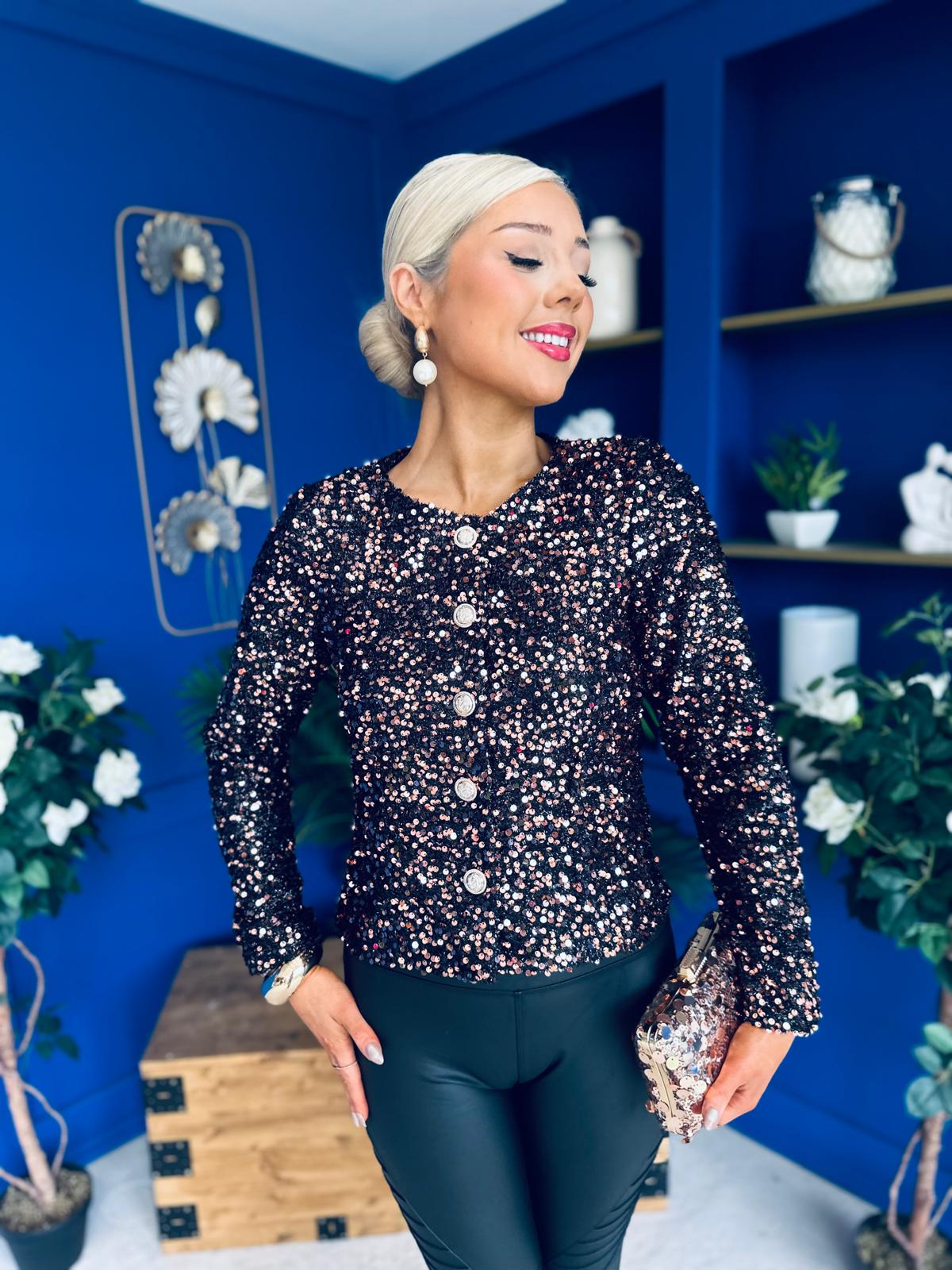 Jessica Button Detail Sequin Jacket  Rose Gold