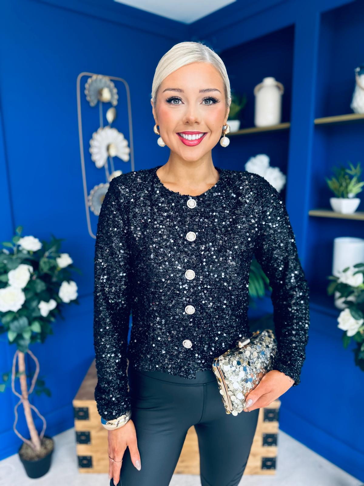 Jessica Button Detail Sequin Jacket Black
