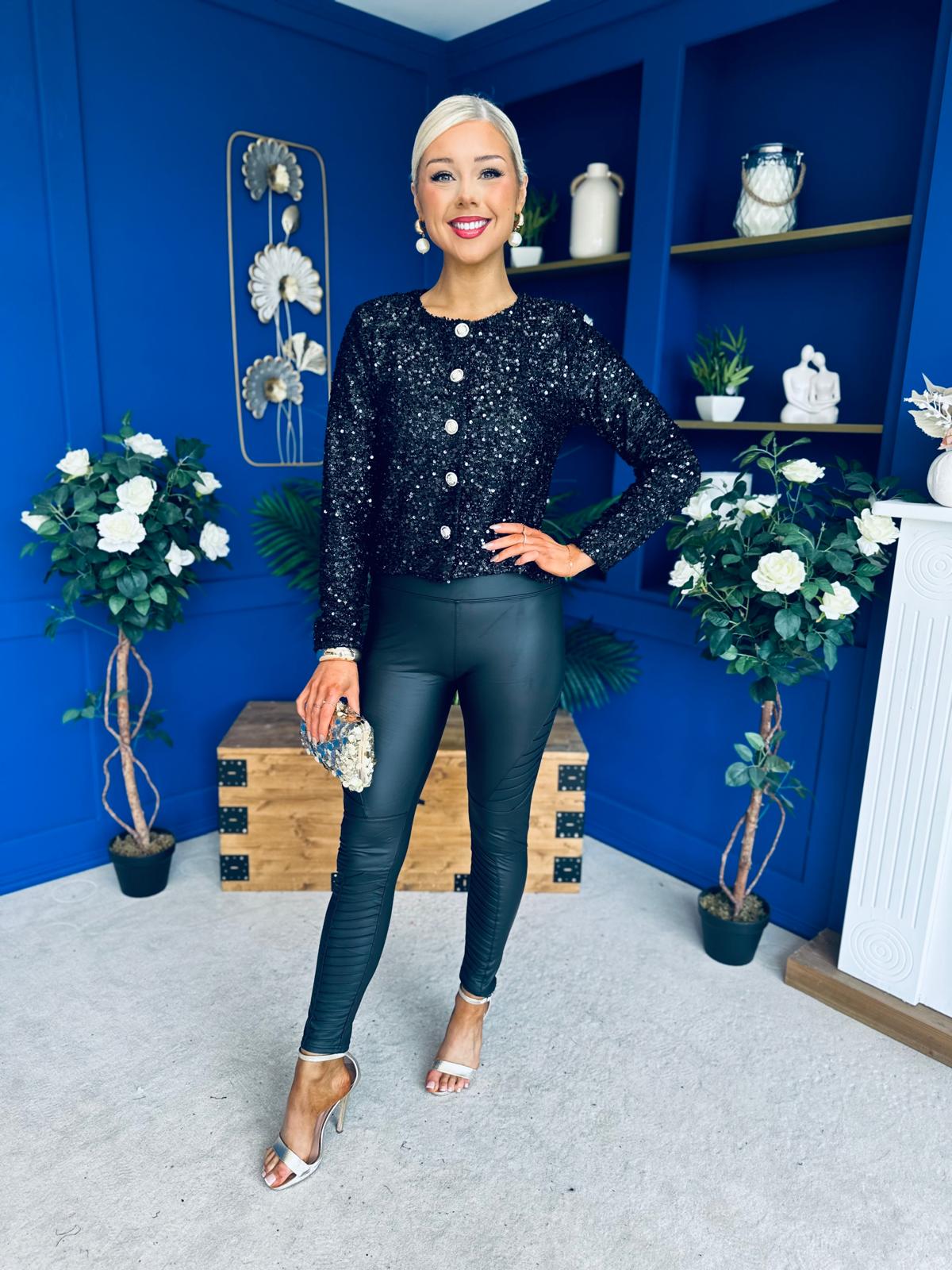 Jessica Button Detail Sequin Jacket Black