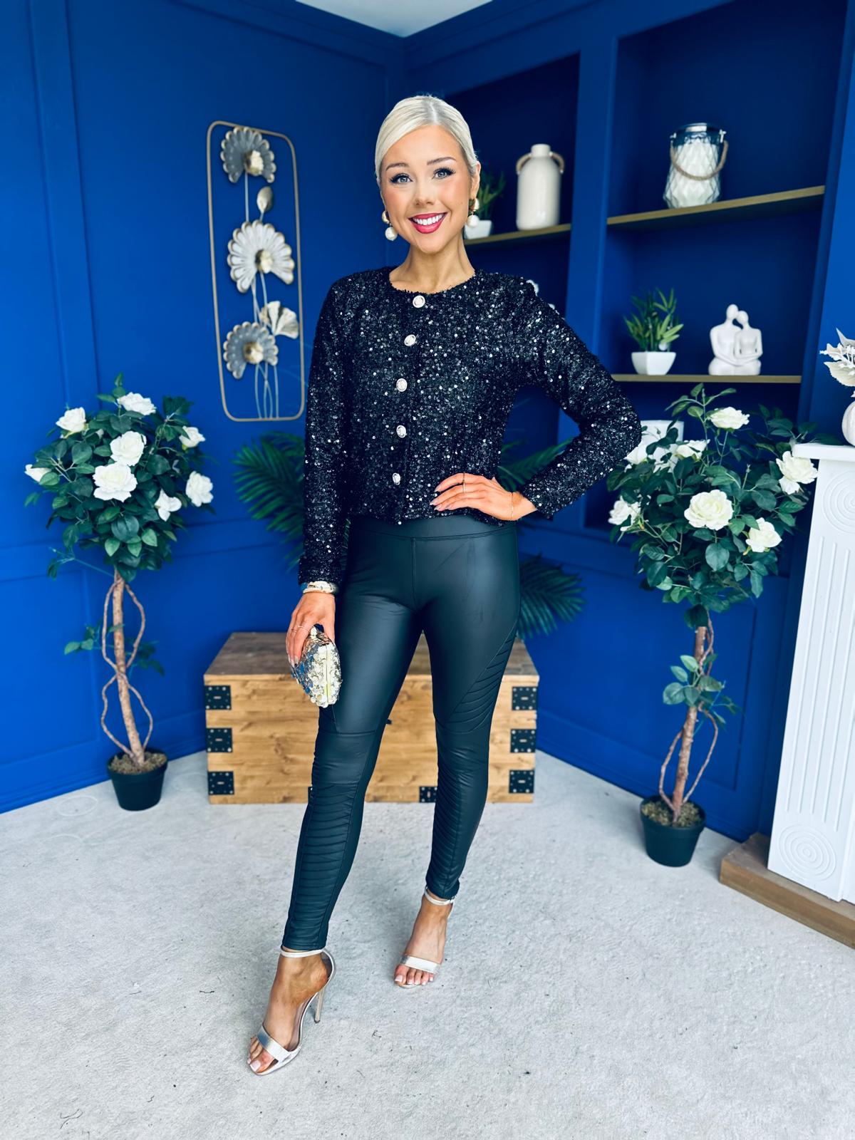 Jessica Button Detail Sequin Jacket Black