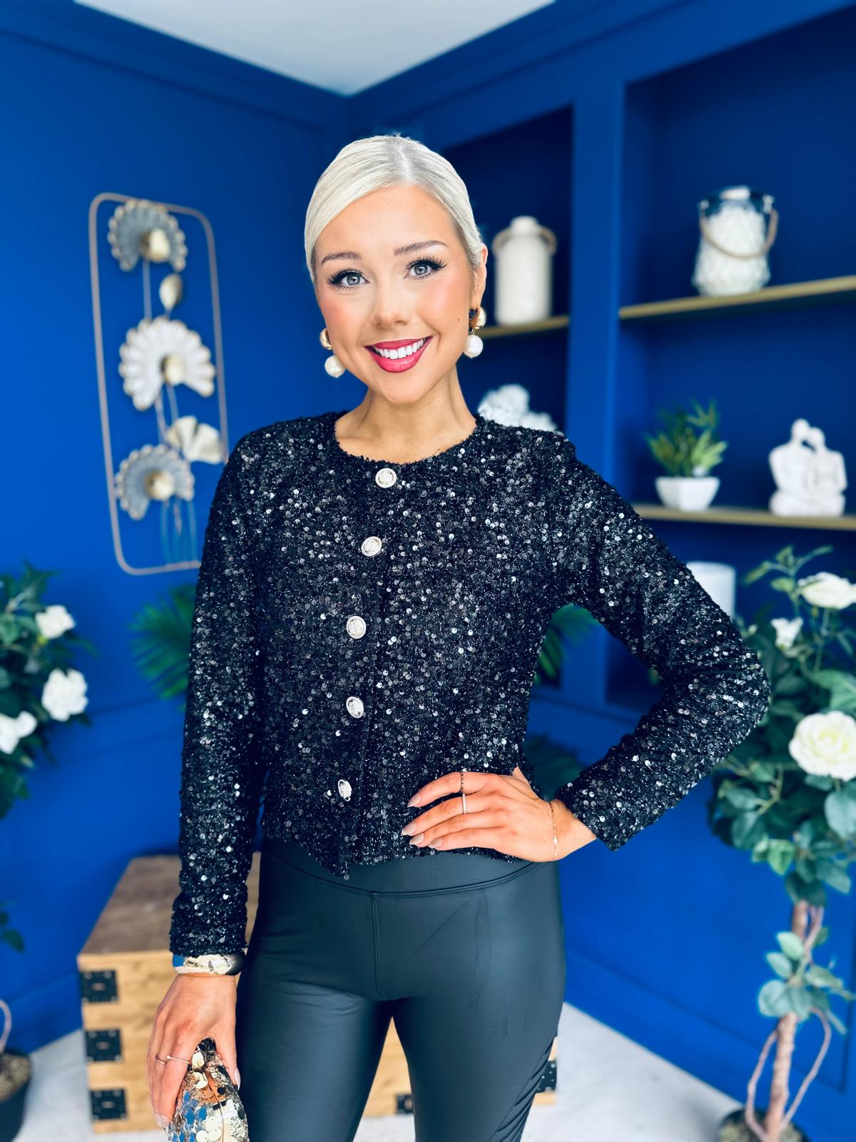 Jessica Button Detail Sequin Jacket Black