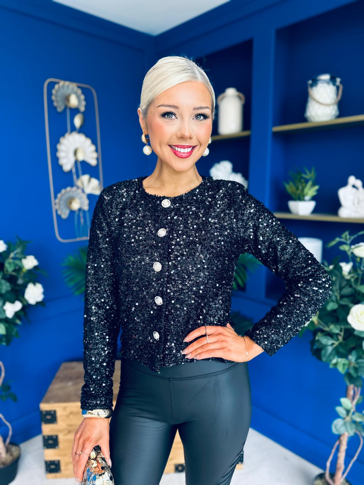 Jessica Button Detail Sequin Jacket Black