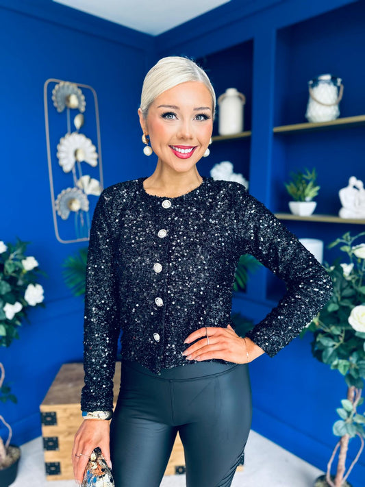 Jessica Button Detail Sequin Jacket Black