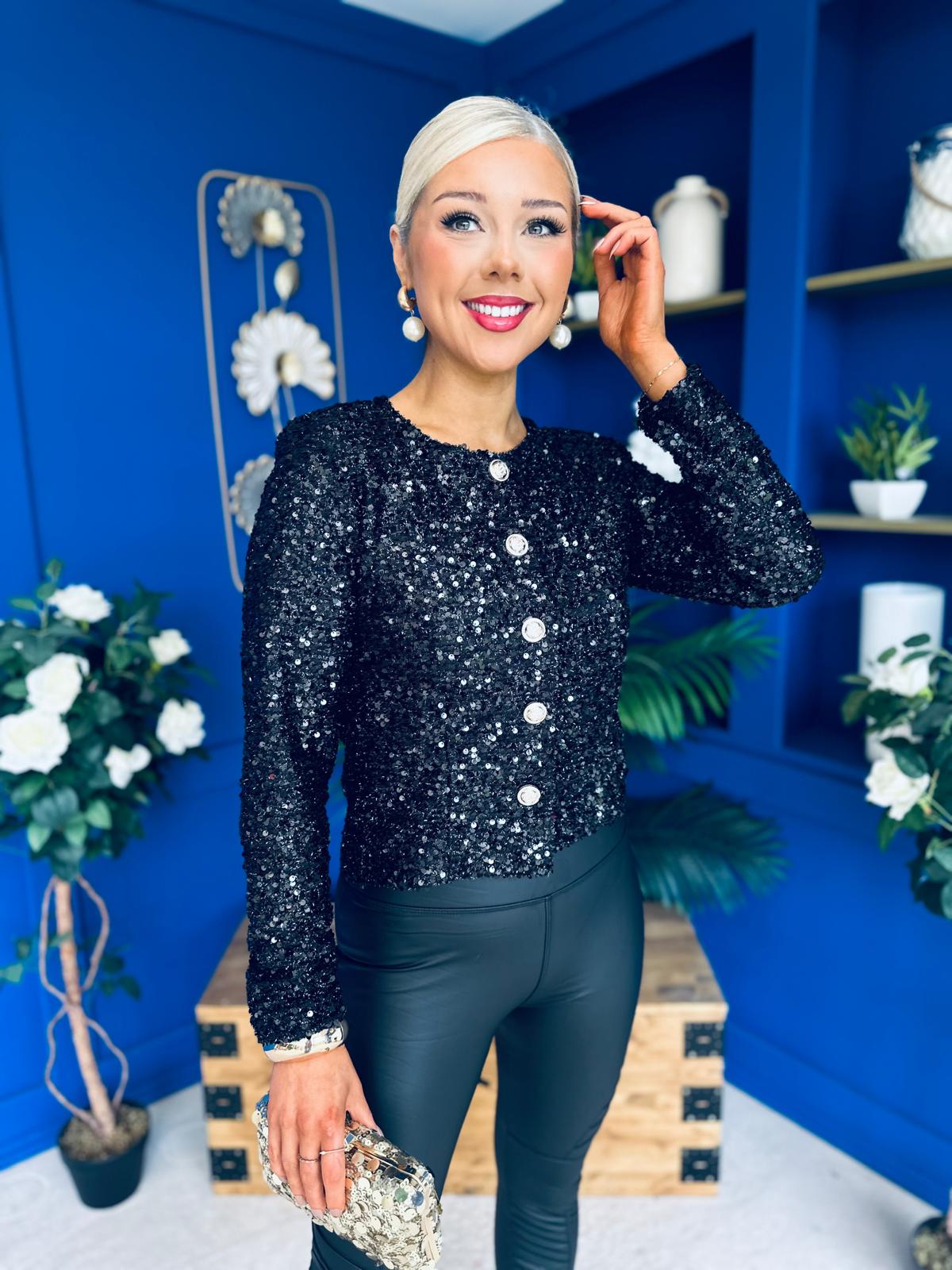 Jessica Button Detail Sequin Jacket Black