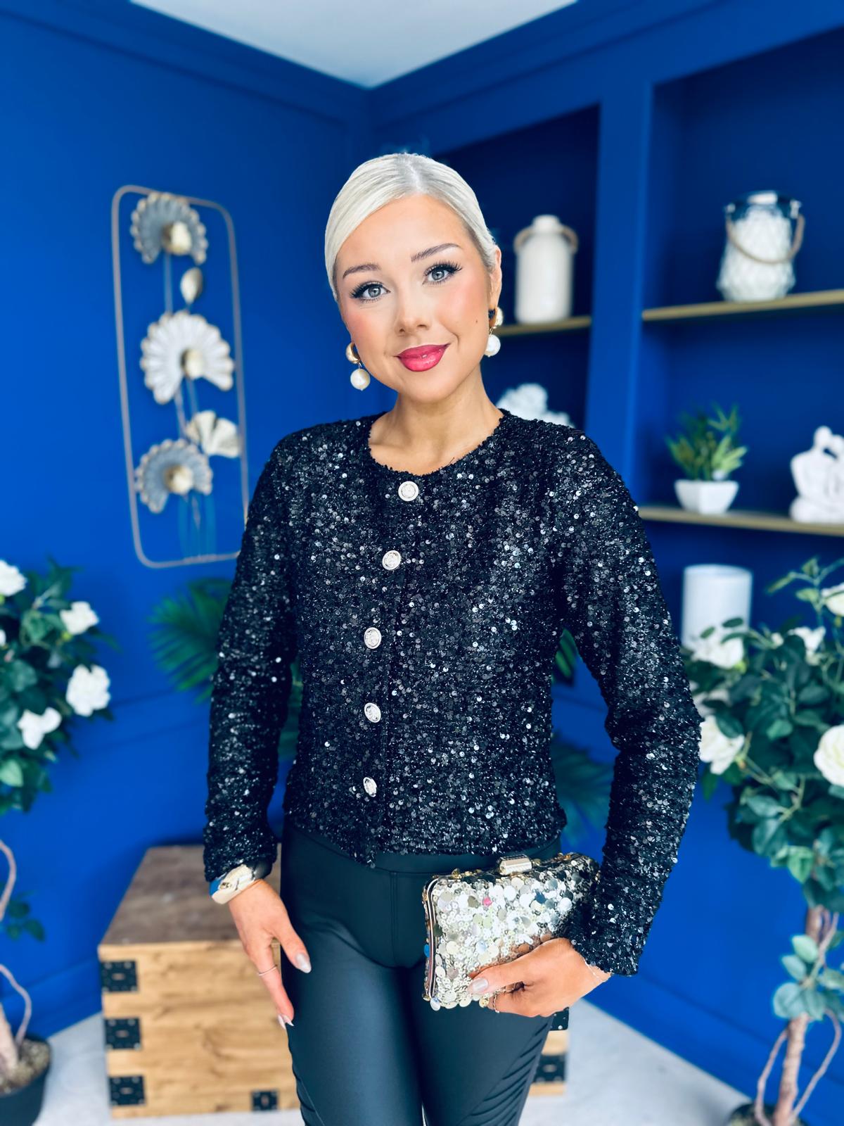 Jessica Button Detail Sequin Jacket Black