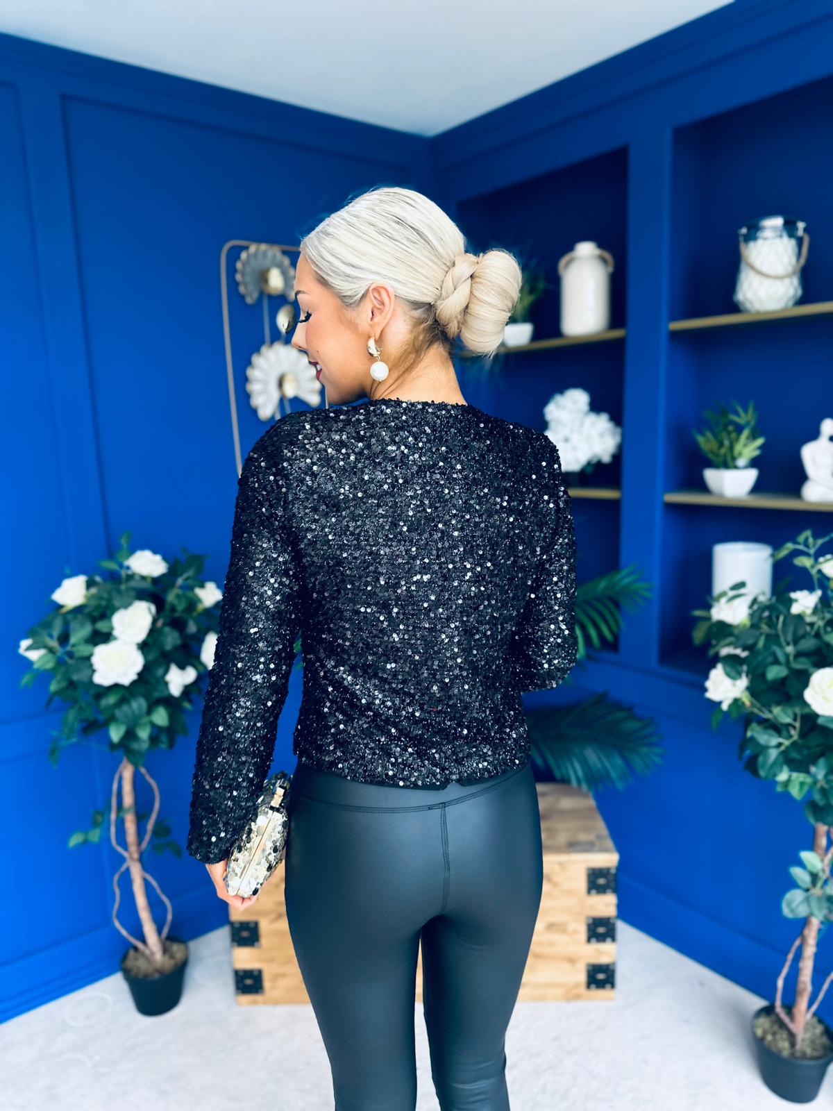 Jessica Button Detail Sequin Jacket Black