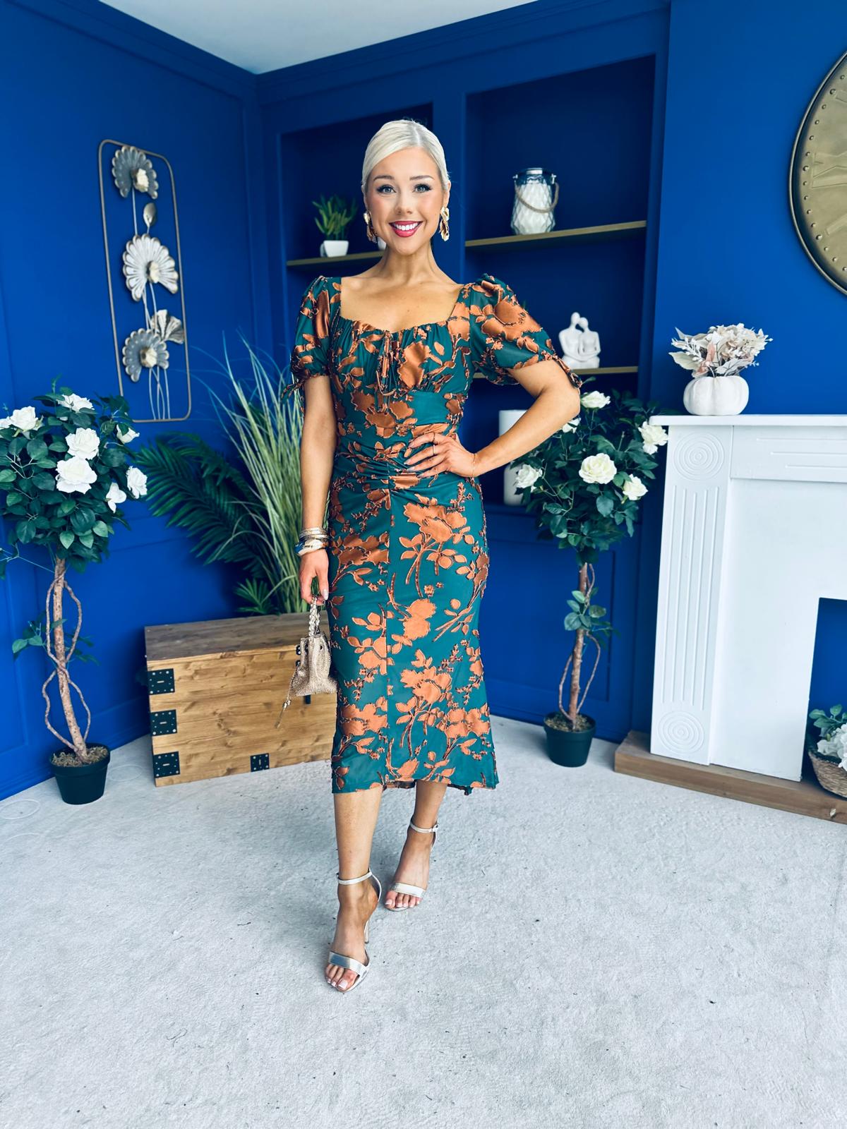 Dove Ruched Detail Midi Dress In Emerald Floral