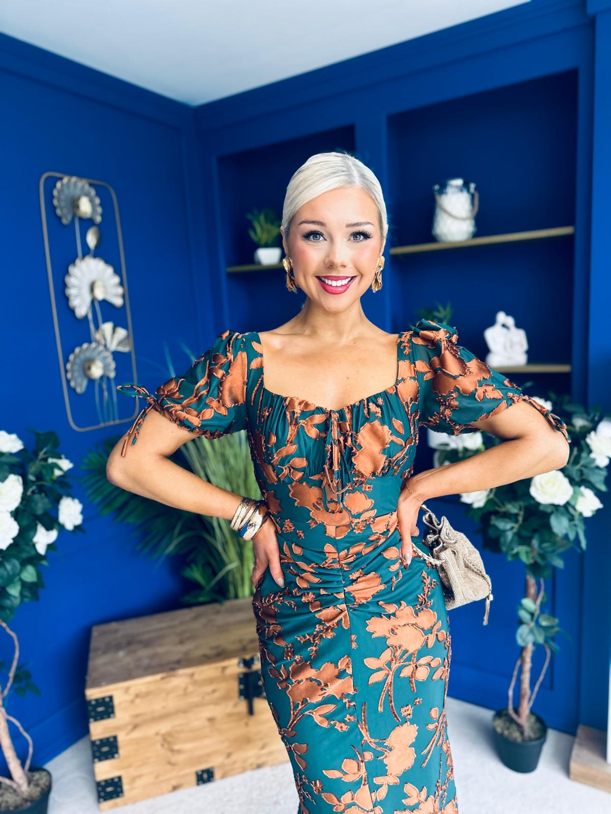 Dove Ruched Detail Midi Dress In Emerald Floral