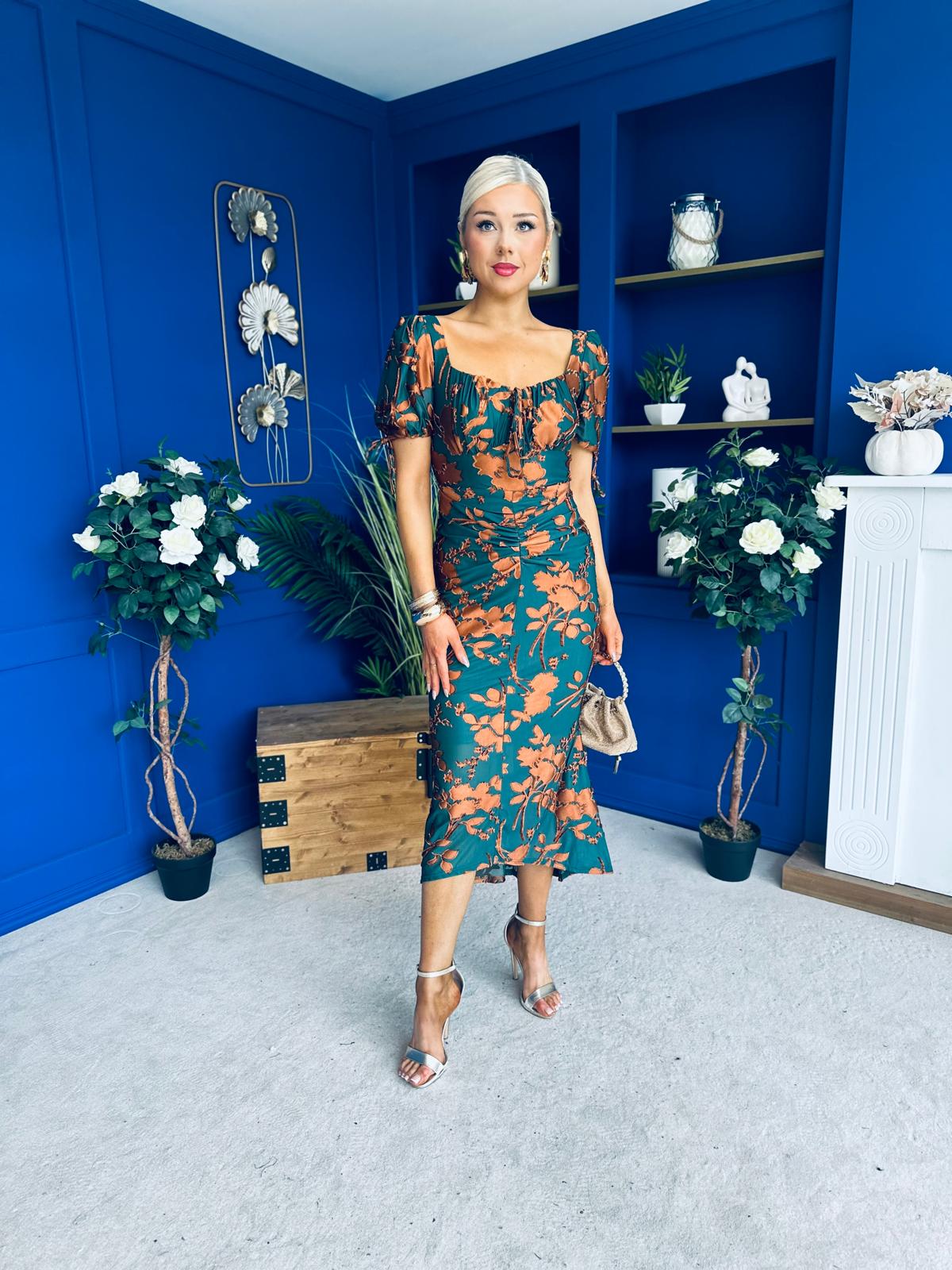 Dove Ruched Detail Midi Dress In Emerald Floral