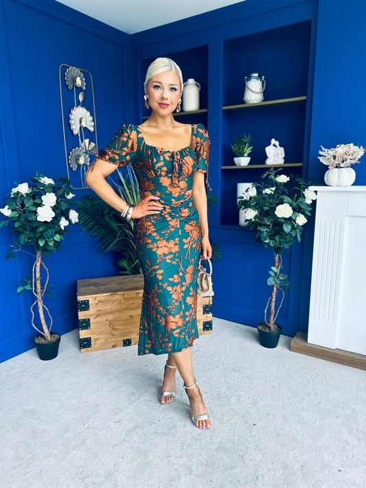 Dove Ruched Detail Midi Dress In Emerald Floral