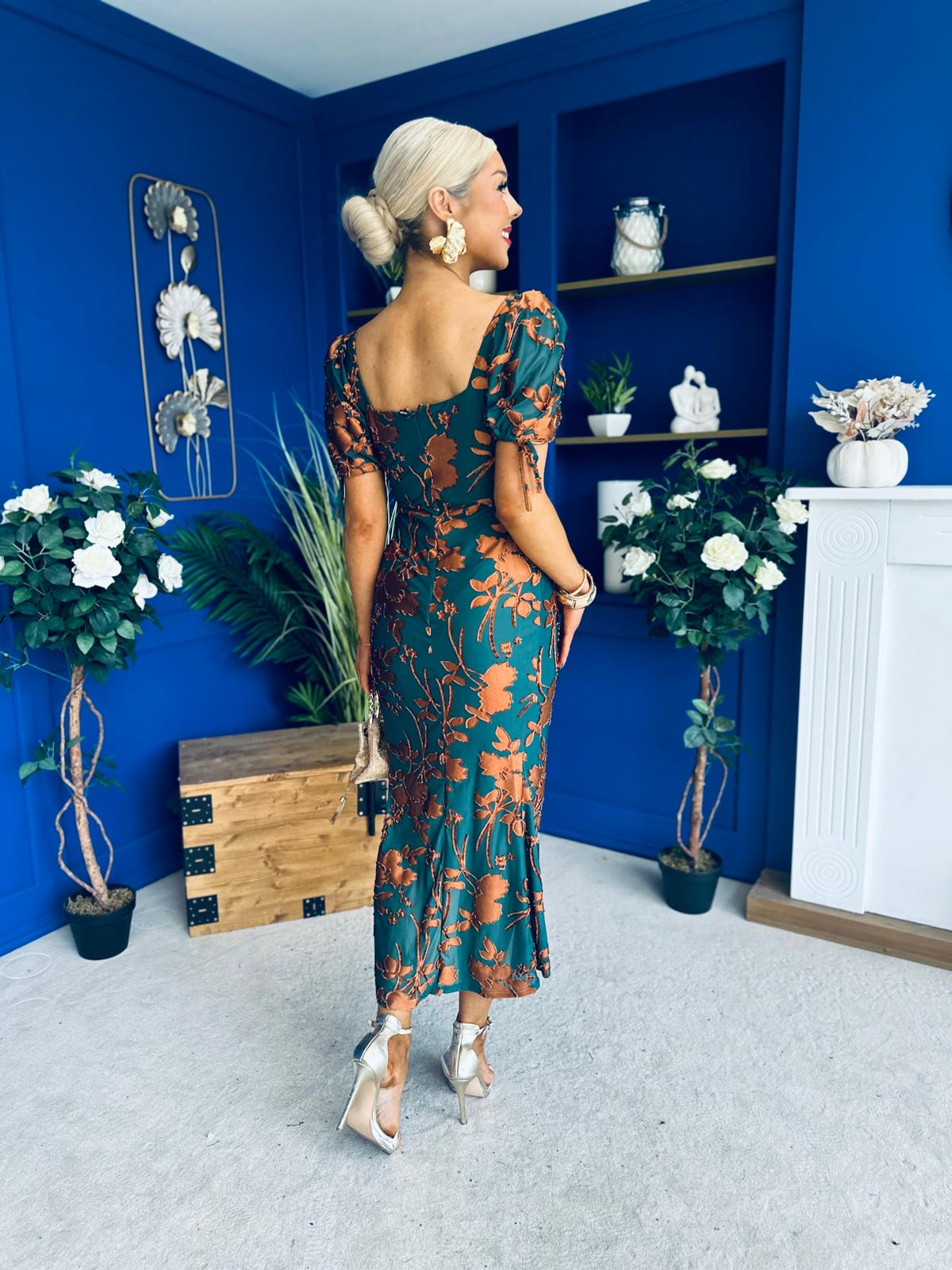 Dove Ruched Detail Midi Dress In Emerald Floral