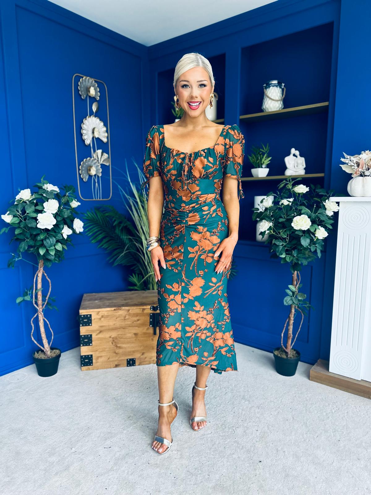 Dove Ruched Detail Midi Dress In Emerald Floral