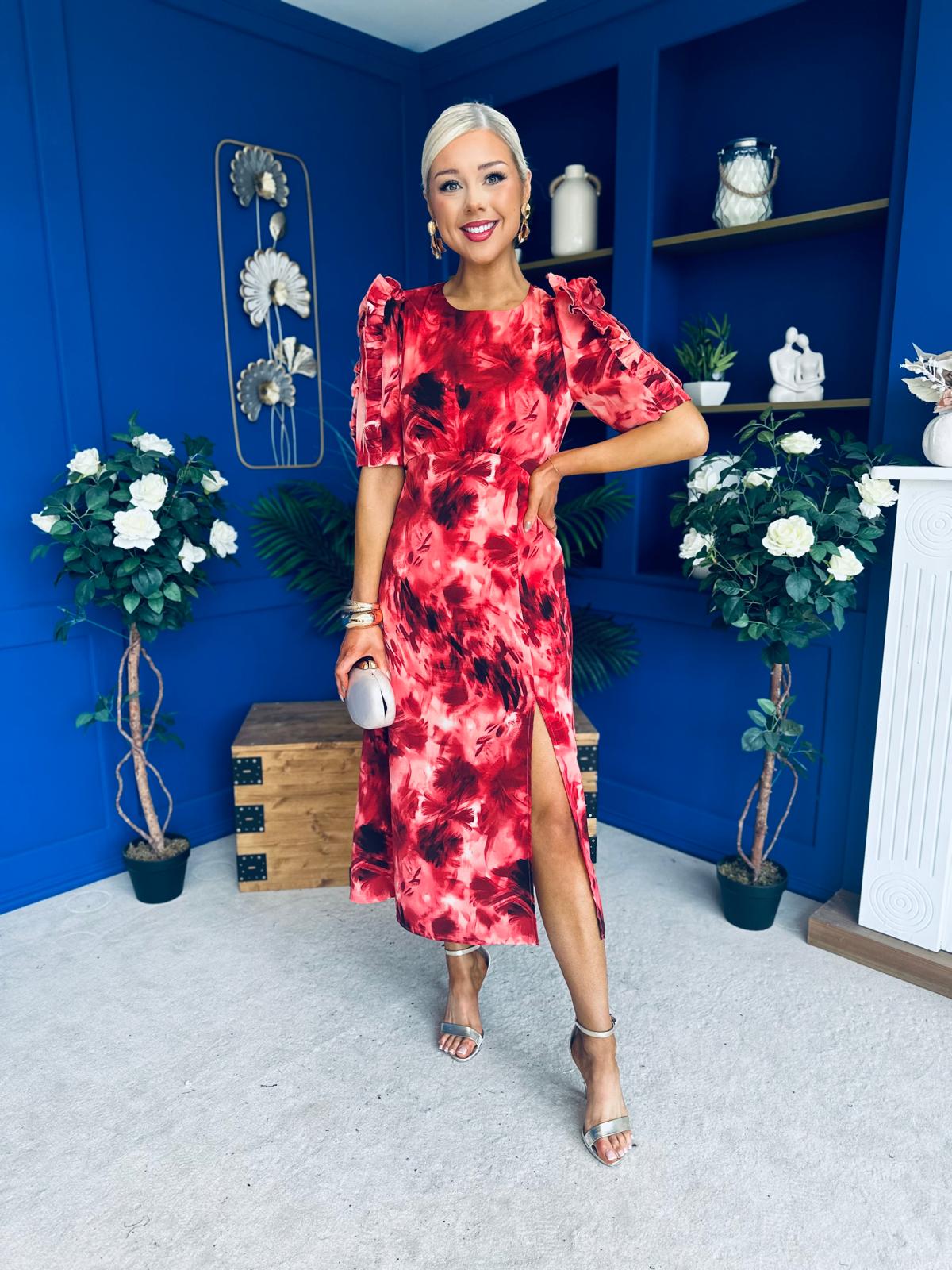 Samira Frill Sleeve Midi Dress Abstract Red