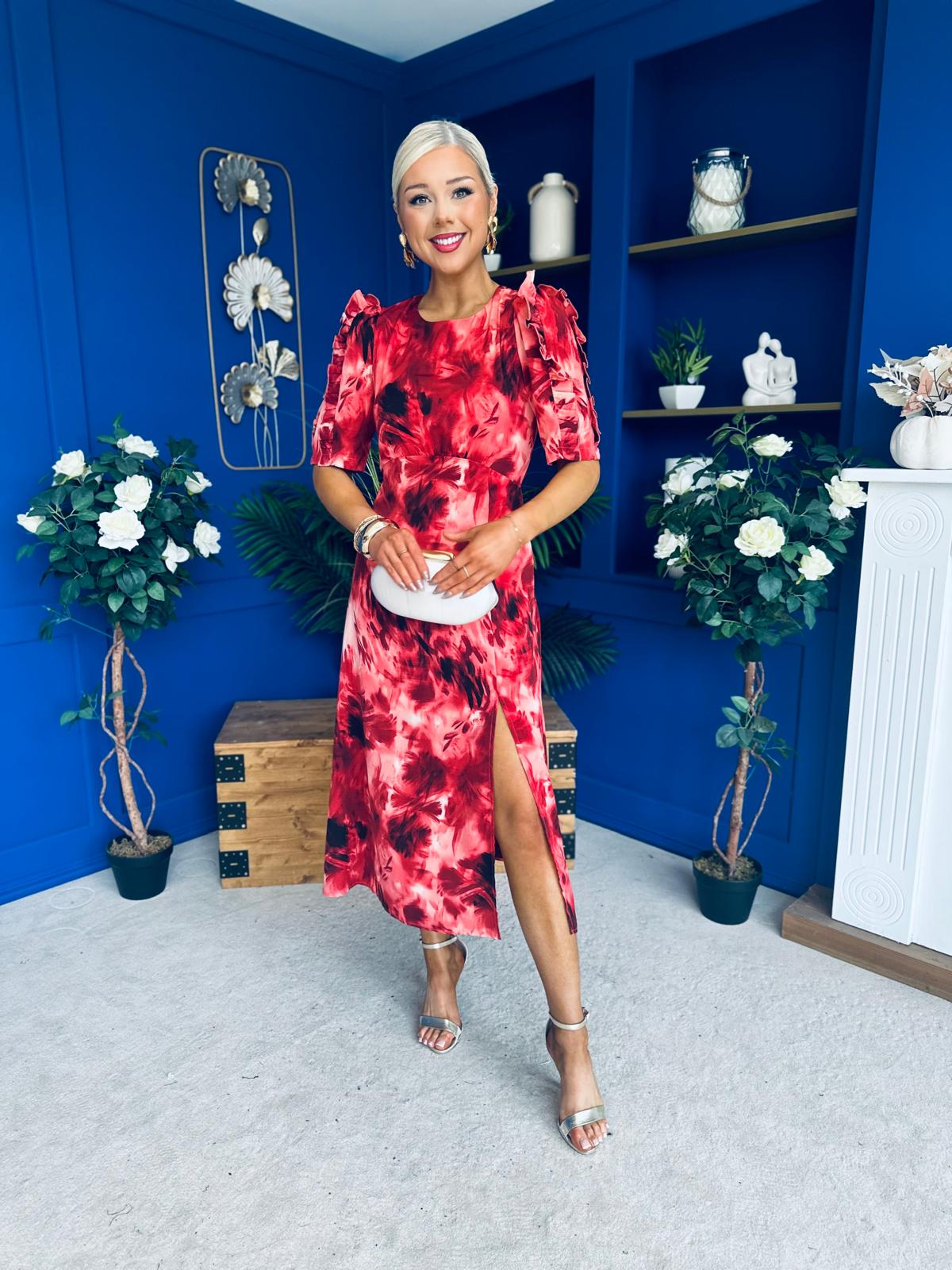 Samira Frill Sleeve Midi Dress Abstract Red