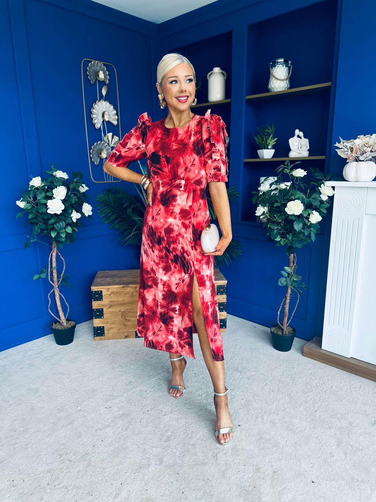 Samira Frill Sleeve Midi Dress Abstract Red