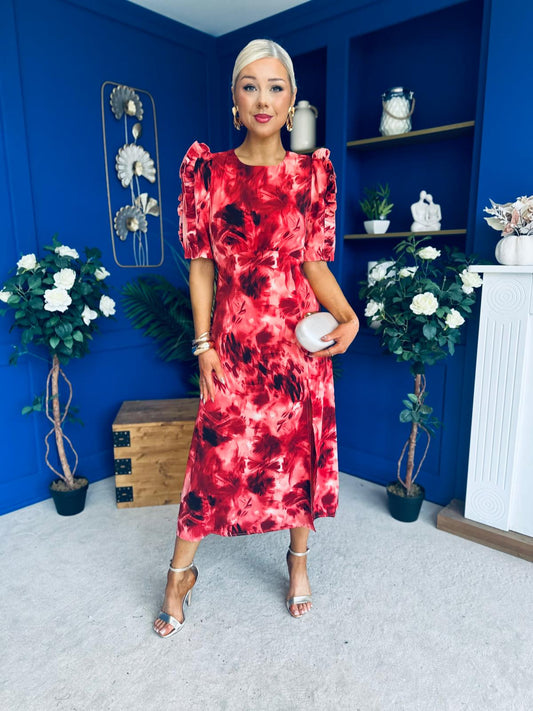 Samira Frill Sleeve Midi Dress Abstract Red