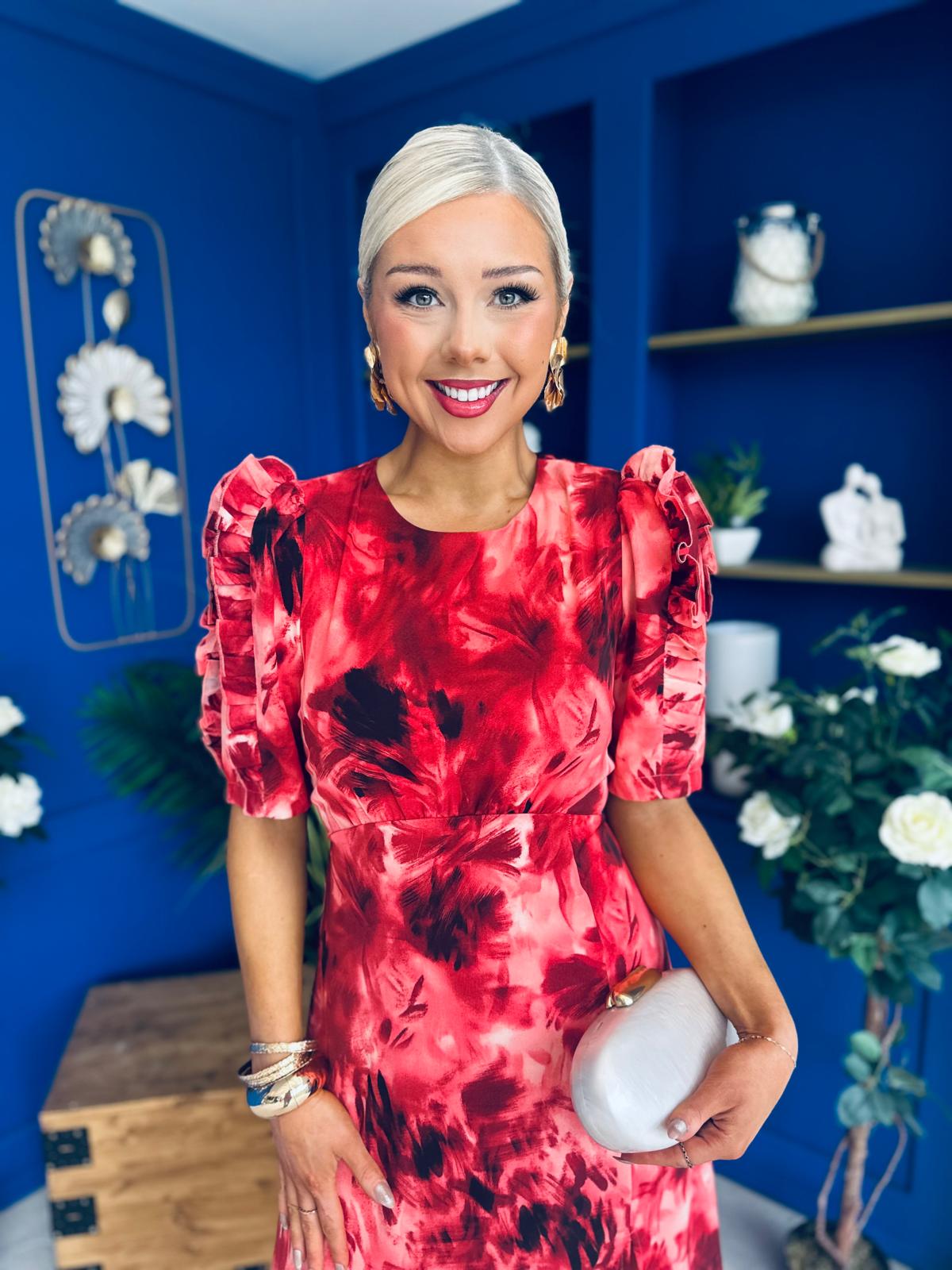 Samira Frill Sleeve Midi Dress Abstract Red