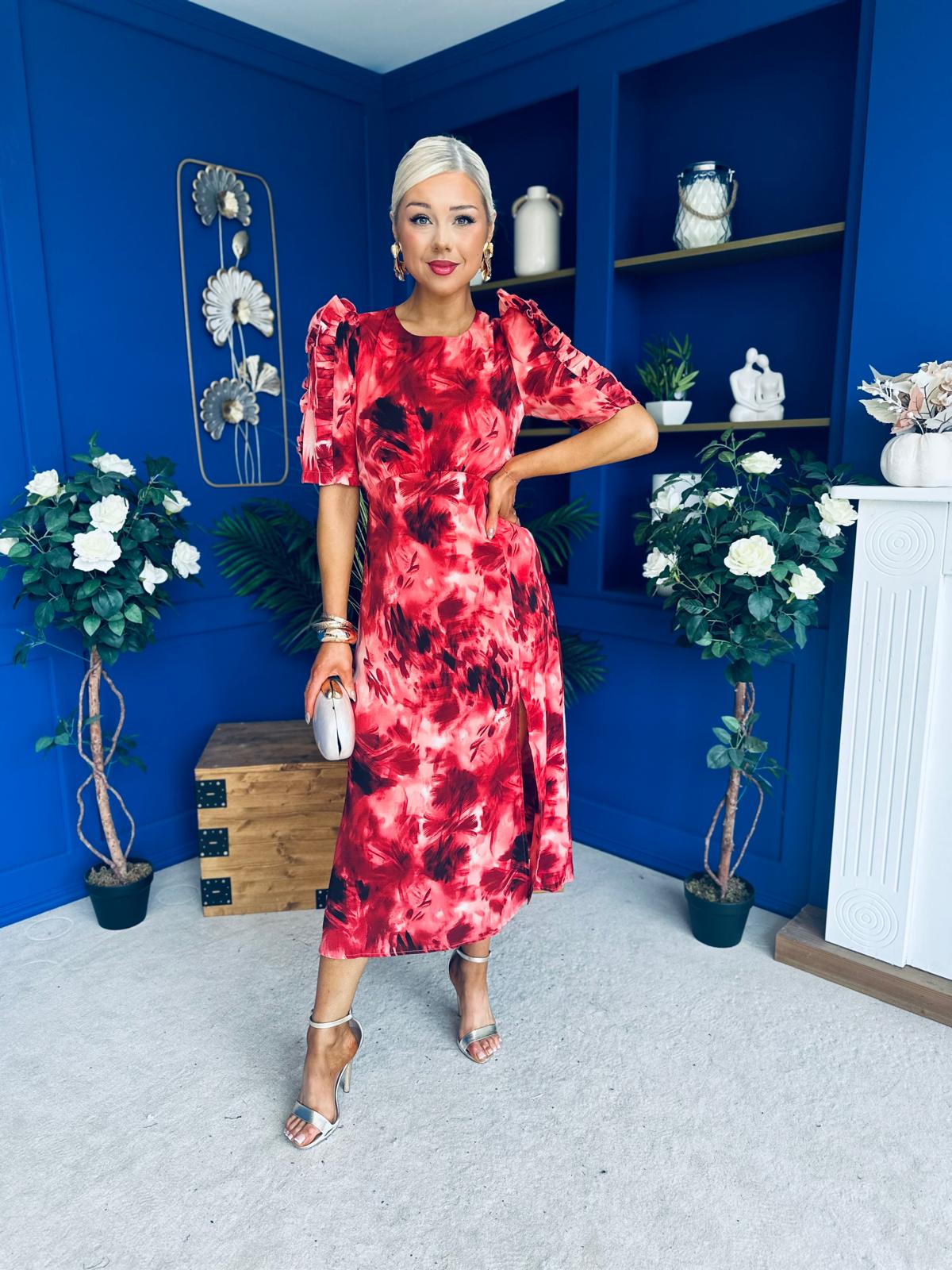 Samira Frill Sleeve Midi Dress Abstract Red