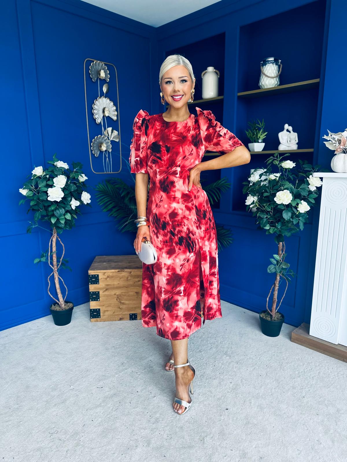 Samira Frill Sleeve Midi Dress Abstract Red