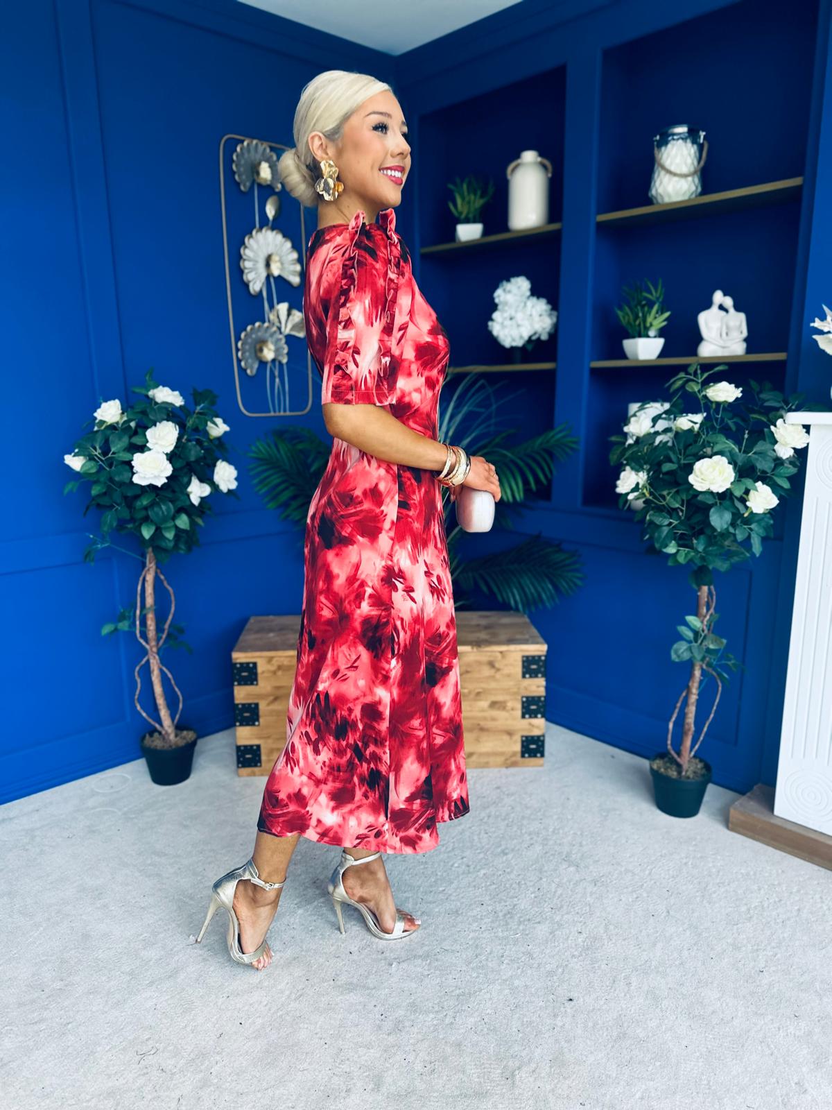 Samira Frill Sleeve Midi Dress Abstract Red